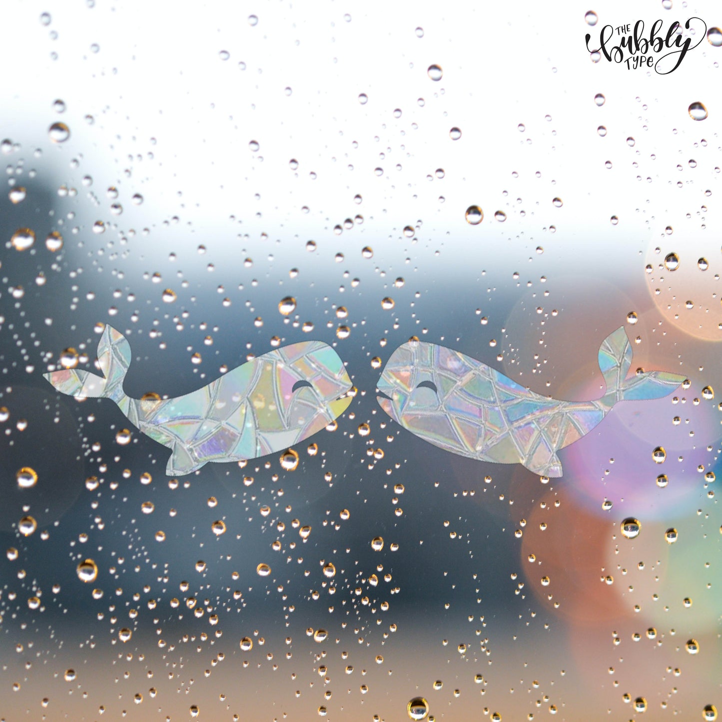 The same whale suncatchers positioned facing each other on a rain-speckled glass pane. Light flares in the moody, misty background create a soft, magical glow. Whale Stickers - Rainbow light reflections across the room. Looks great next to plants and crystals. Perfect home decor and makes the best gift for children and adults on their birthday or on Christmas.