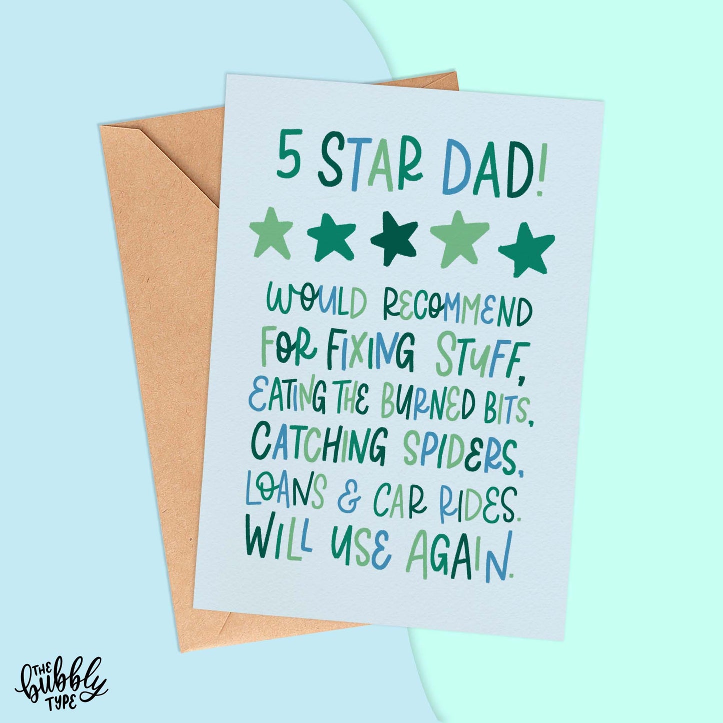 Back of the card featuring a pale green background with The Bubbly Type logo and card details. Shown with a kraft brown envelope.