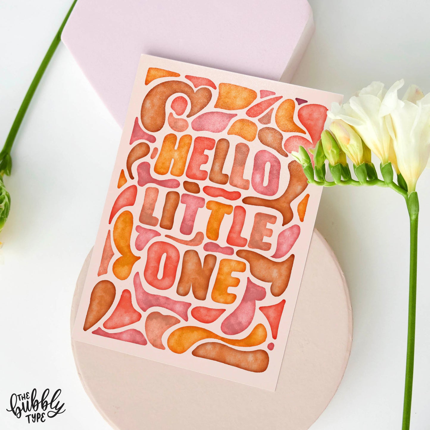 Australian made baby greeting cards. Hello Little One Boho Watercolour, hand drawn design. Affordable baby cards for new mums.