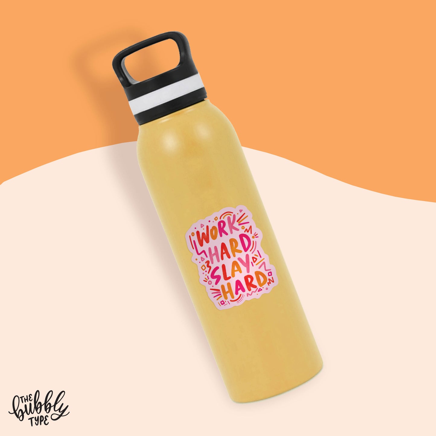 A bold and fun vinyl sticker with the phrase "Work Hard Slay Hard" in playful hand-lettering, featuring a vibrant pink and orange color scheme. Made from high-quality vinyl sticker paper, this durable, self-adhesive vinyl design is perfect for decorating laptops, water bottles, notebooks, and more. Whether you're searching for vinyl stickers online, browsing options at Officeworks, or looking for custom vinyl stickers Australia, this stylish and motivational sticker is a must-have. Waterproof and weather-re