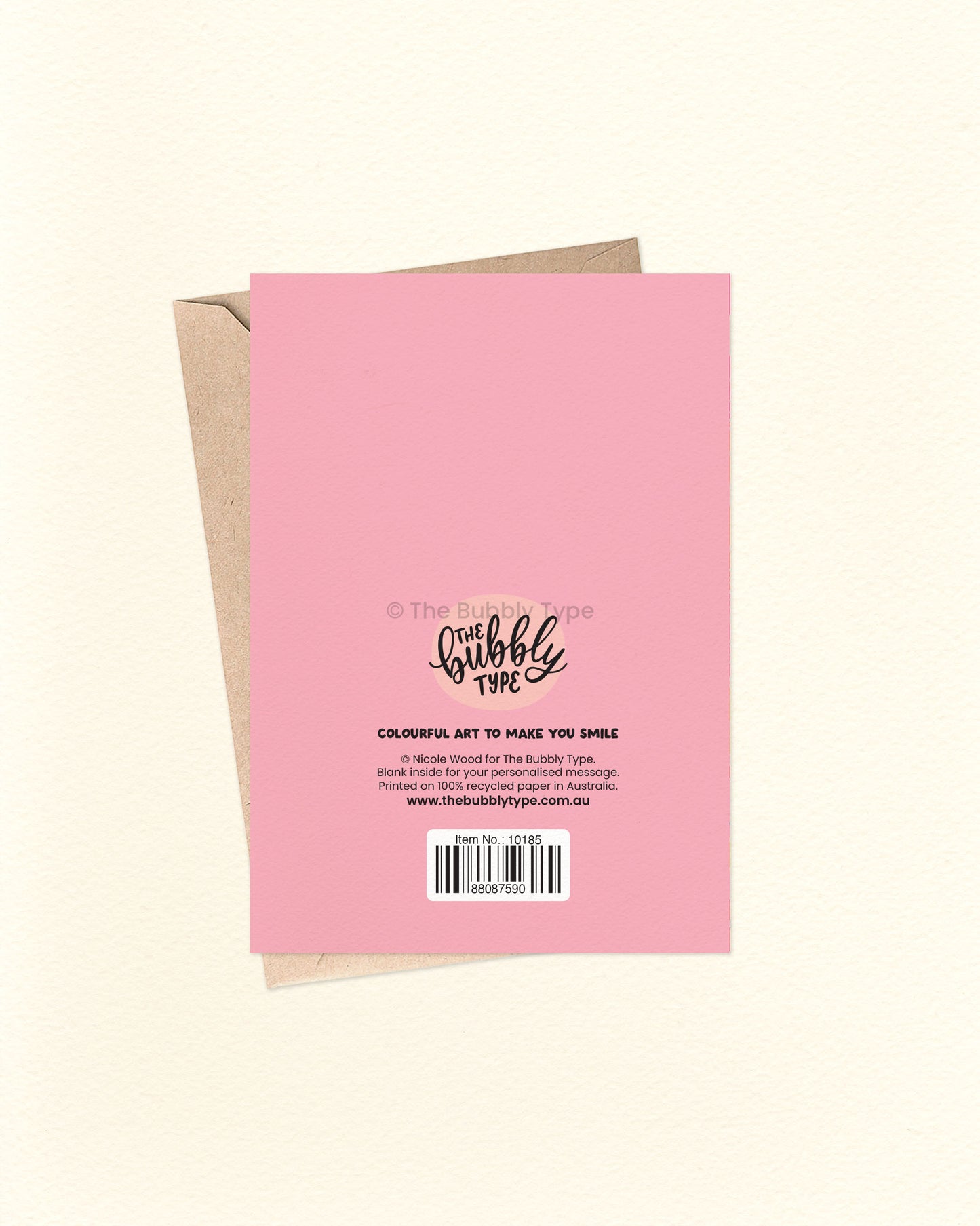 Back of the card features a solid pink background with The Bubbly Type logo and card details. Displayed alongside a kraft brown envelope. Printed on eco-friendly cardstock.