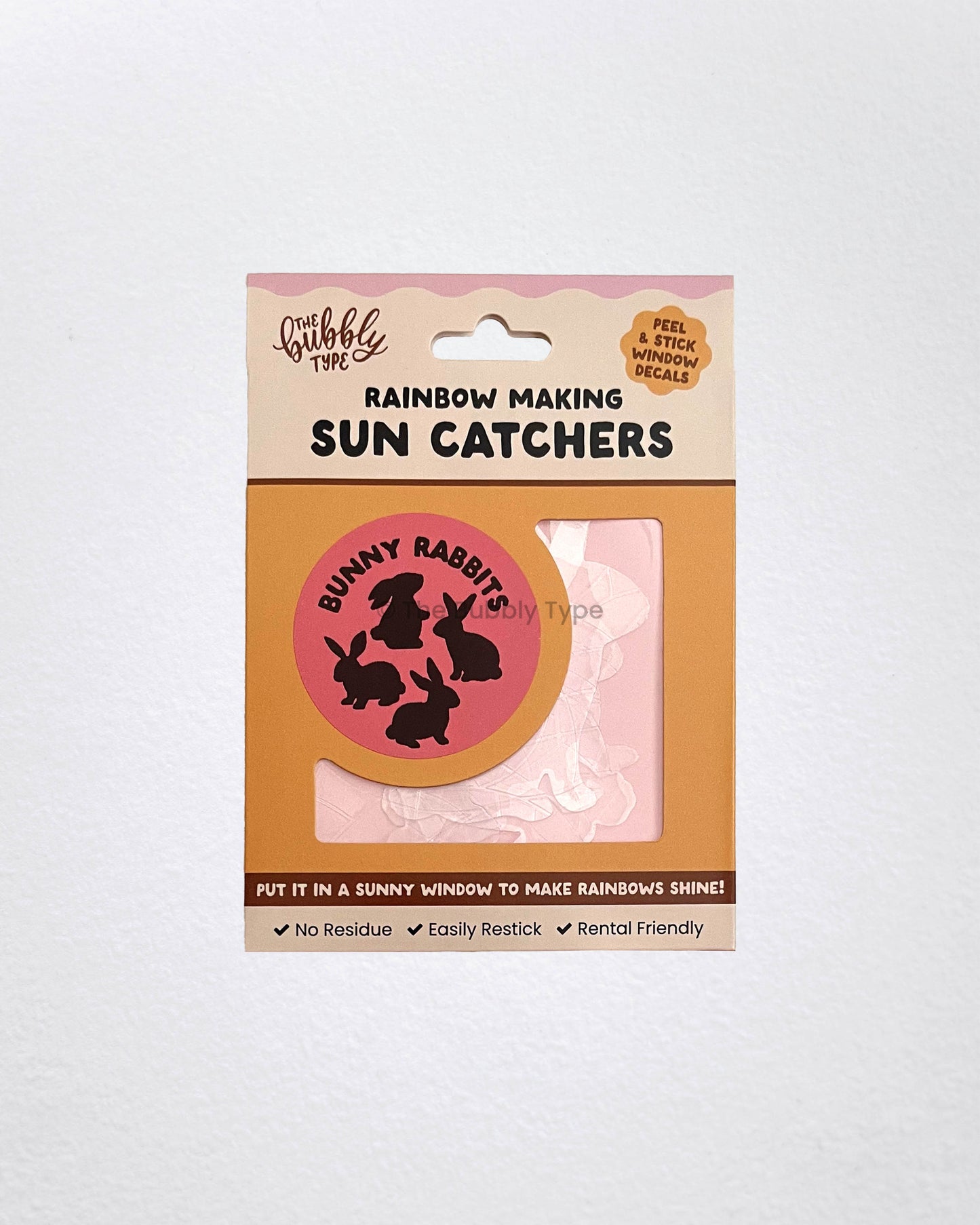 The Bubbly Type packaging of bunny sun catchers, eco-friendly Australian made window decals with adorable rabbit shapes, perfect for gifts or nursery window decor.