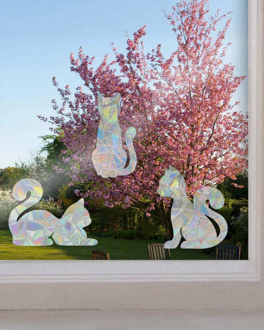 Three cat-shaped sun catchers stuck on a window with a white sill. Behind the sun catchers, a backyard is visible with green grass, a few wooden chairs, and a tall cherry blossom tree in full bloom with bright pink flowers.Three cat-shaped sun catchers stuck on a window, Australian made rainbow makers perfect for cat lovers, colourful feline-themed window decals that catch the sunlight and create rainbows.