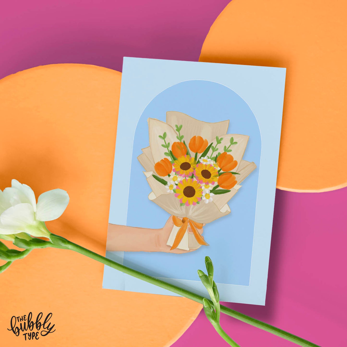 Orange floral bouquet of flowers illustrated in Australia. Aussie made art cards for everyday general greetings.