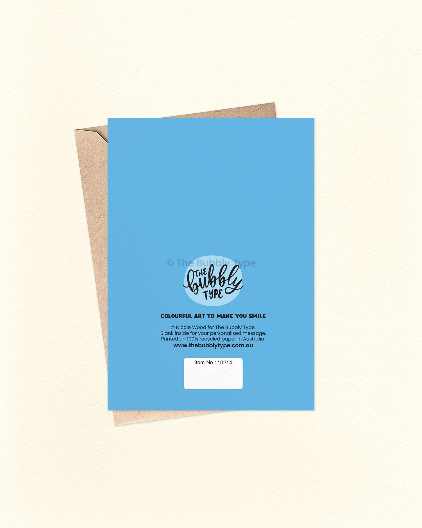 Back of the card with a solid blue background featuring The Bubbly Type logo and card details. Shown alongside a kraft brown envelope. Printed on eco-friendly cardstock.