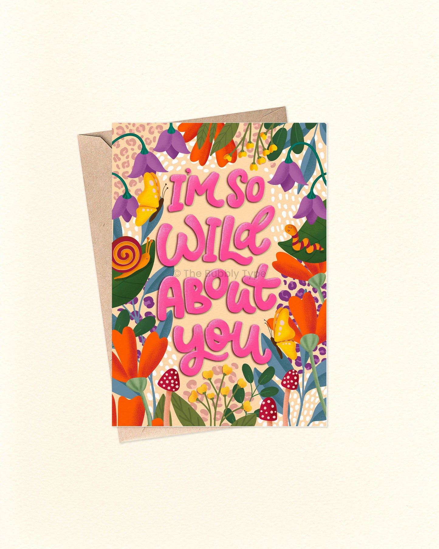 Show your love in the most fun and playful way! This vibrant design bursts with wild energy, featuring florals, butterflies, mushrooms, snails, and lively hand-lettered text. Perfect for Valentine’s Day, anniversaries, or any time you want to say "I’m so wild about you!" Buy greeting cards in Australia with our eco friendly paper and vibrant colours. Buy this card for your girlfriend, wife or fiance this Valentine's Day to show how much you love them.