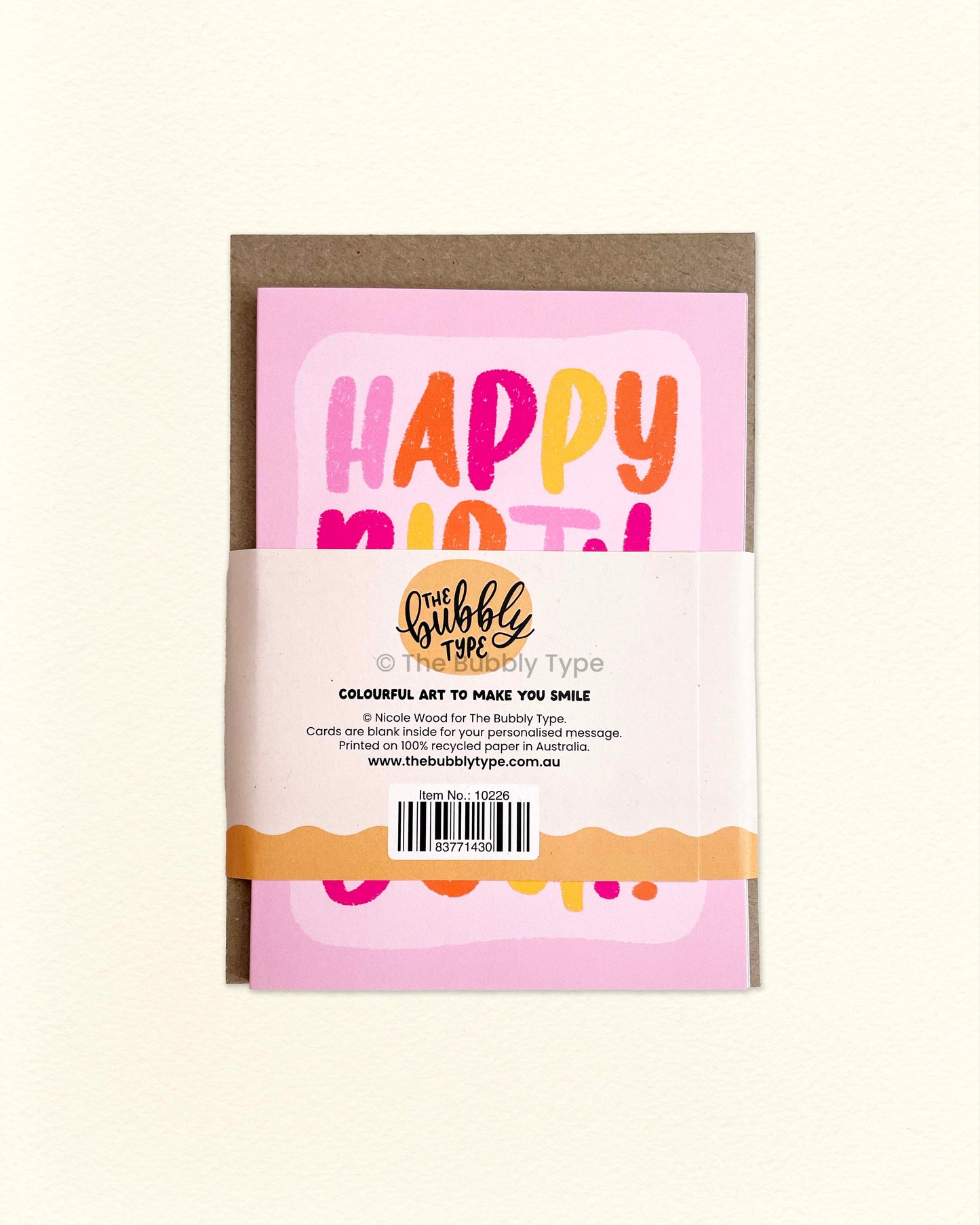 Back of birthday greeting card pack featuring product details, The Bubbly Type logo, and Australian business information, 6-pack A6 birthday cards printed on 100% recycled papers. Eco friendly paper cards for celebrating your friends and family birthdays.