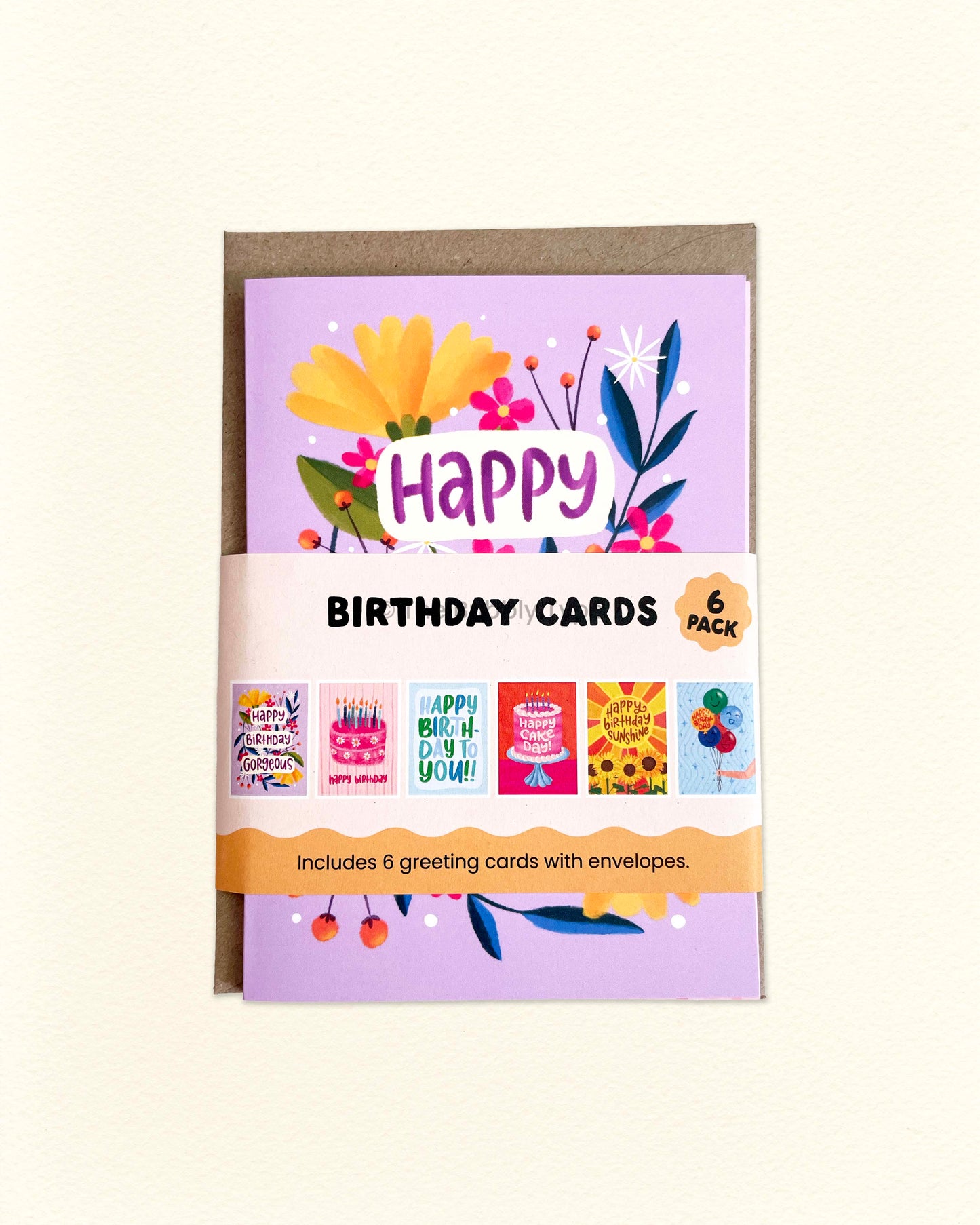 Front of The Bubbly Type Birthday Cards (B) pack featuring six different A6 birthday greeting card designs, colourful and fun Australian made card set.