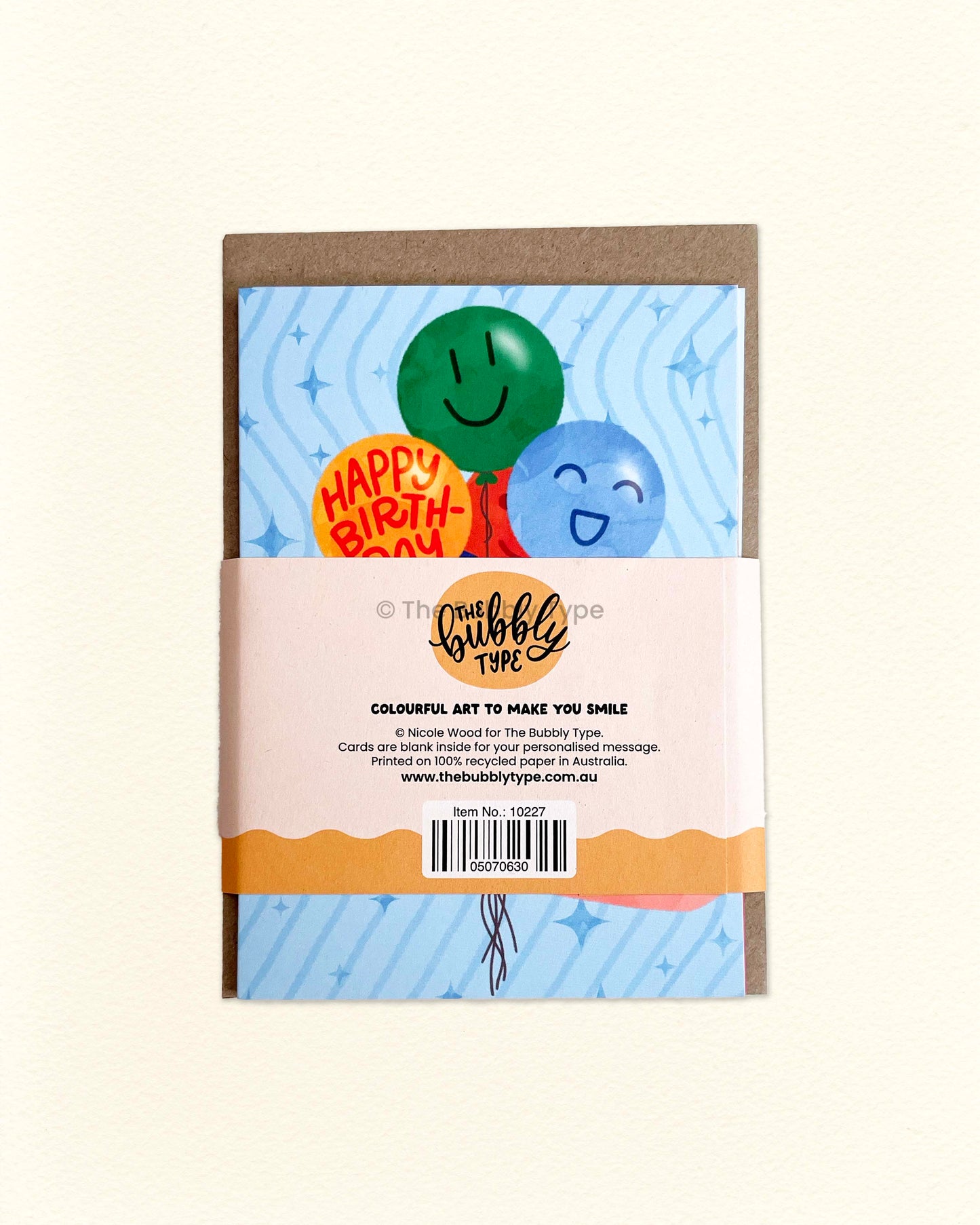 Back of Birthday Cards B pack showing The Bubbly Type logo, 6-card details, and eco-friendly packaging info for this vibrant birthday stationery set.