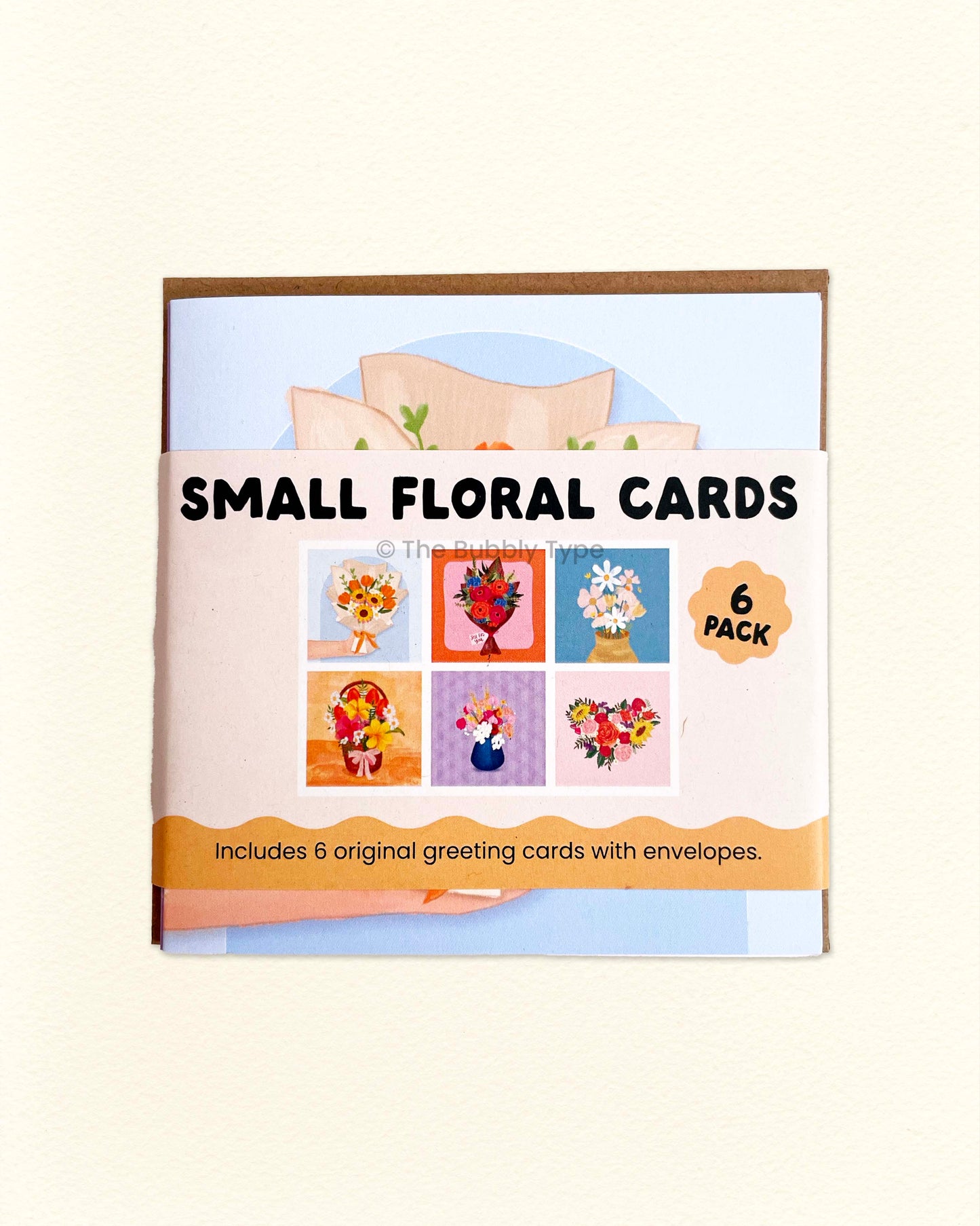Front of The Bubbly Type small floral card pack showing colourful square greeting cards with fun flower designs, Australian made eco-friendly stationery set of 6.