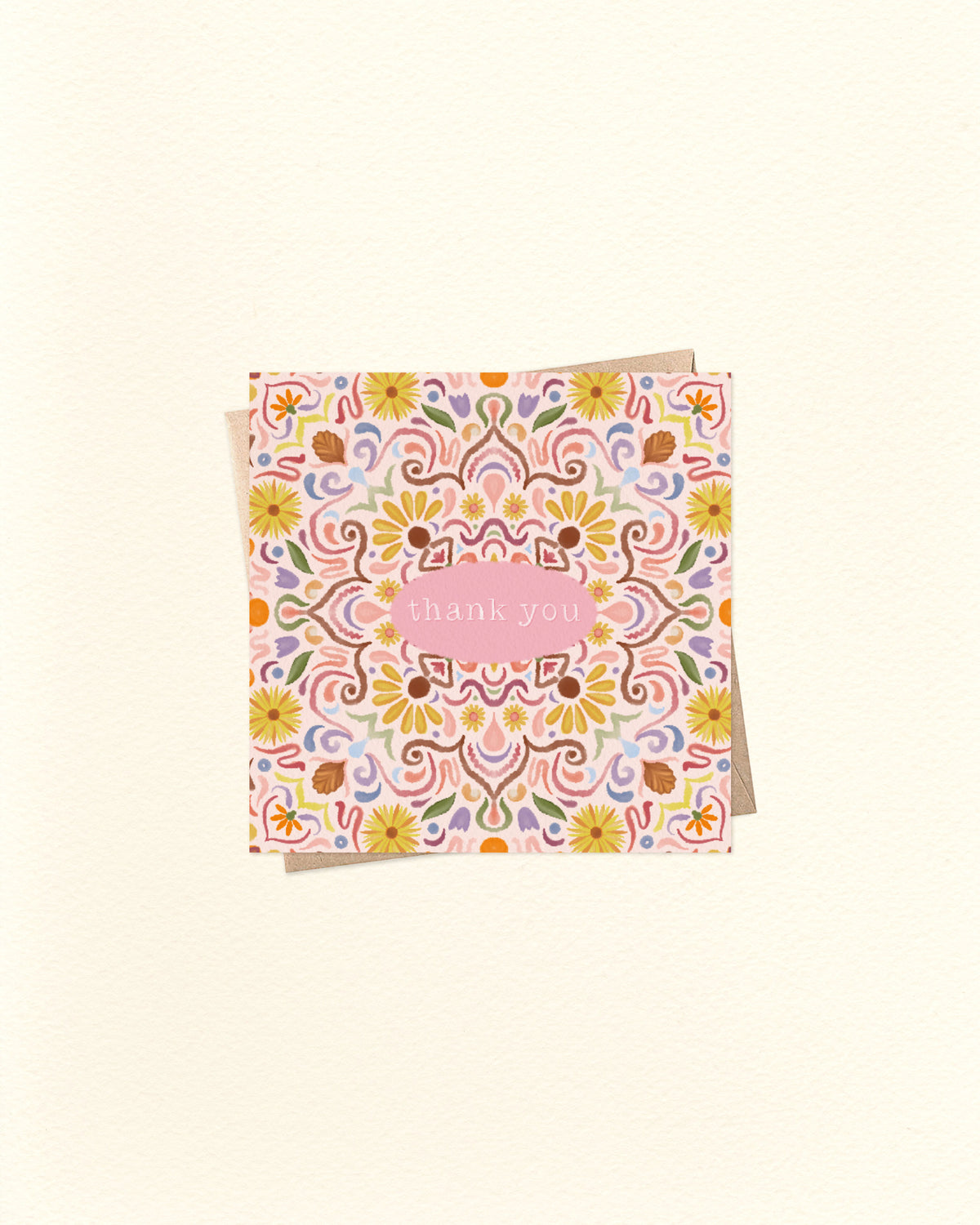 Decorative card with floral pattern and 'Thank you' text on a beige background