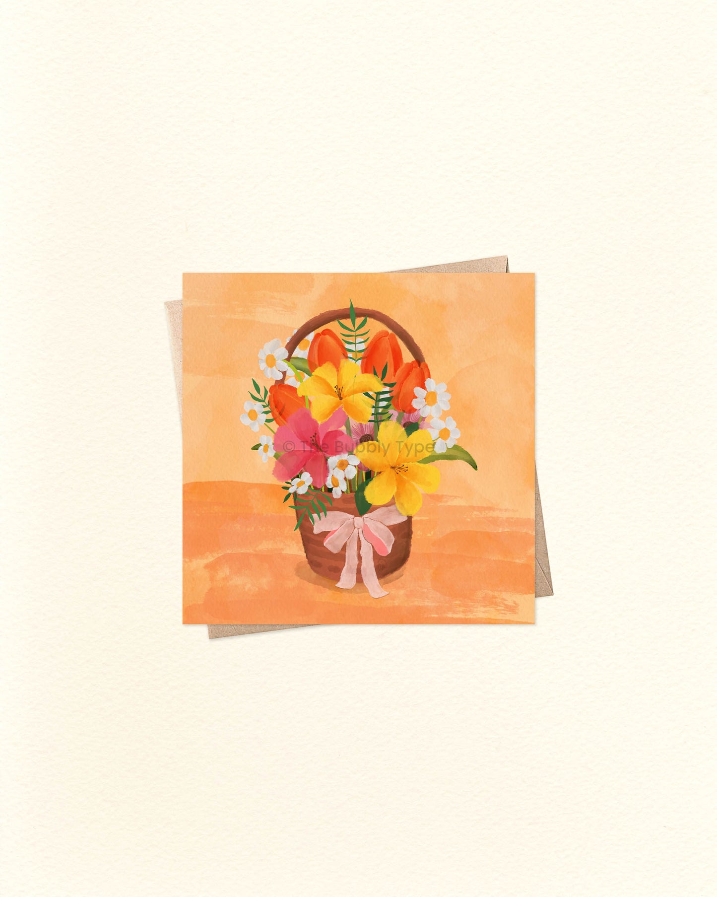 Square greeting card with hand-drawn illustration of a flower basket, perfect for thank you, birthday or thinking of you moments. Displayed over a brown kraft envelope. Buy floral greeting cards in Australia for any occasion.