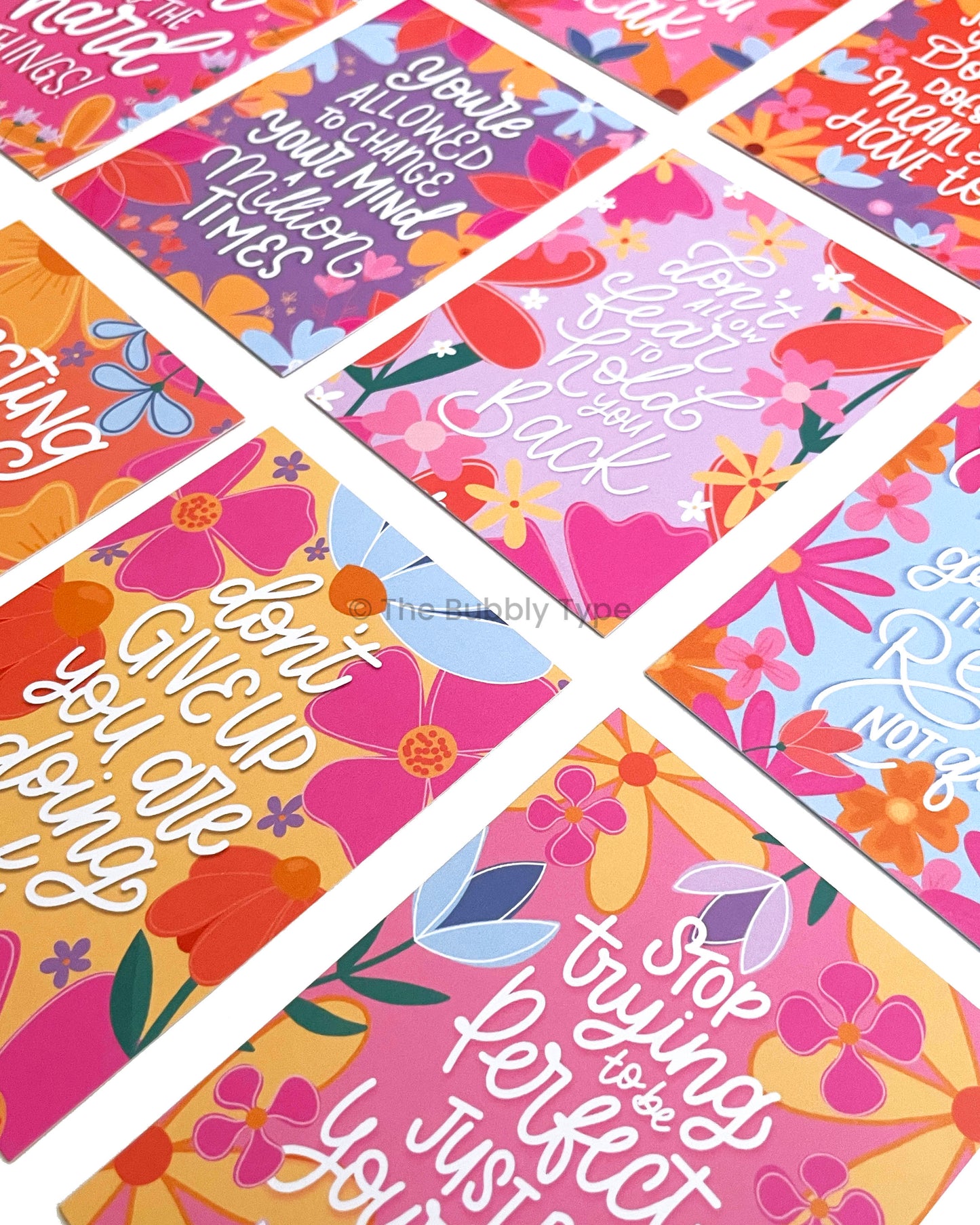 Boxed set of 30 motivational affirmation mini art prints with floral illustrations and hand-lettered quotes, printed on 100% recycled paper in Australia. A beautiful gift or daily inspiration deck designed and made in Australia.