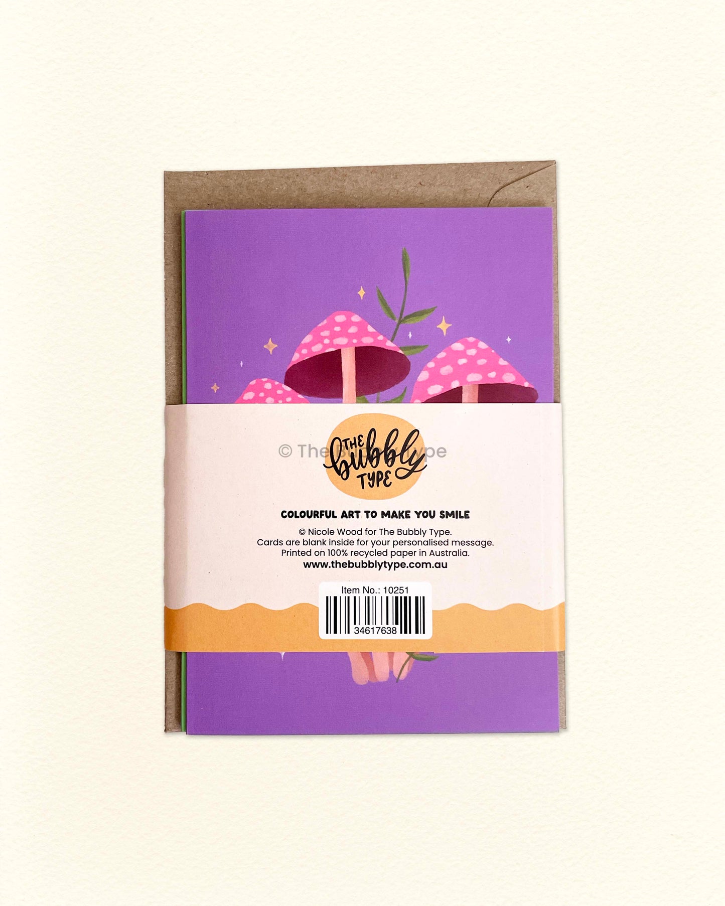 Back of mushroom greeting card pack with The Bubbly Type branding and details, 6-pack of eco-conscious Australian art cards with nature-inspired designs.
