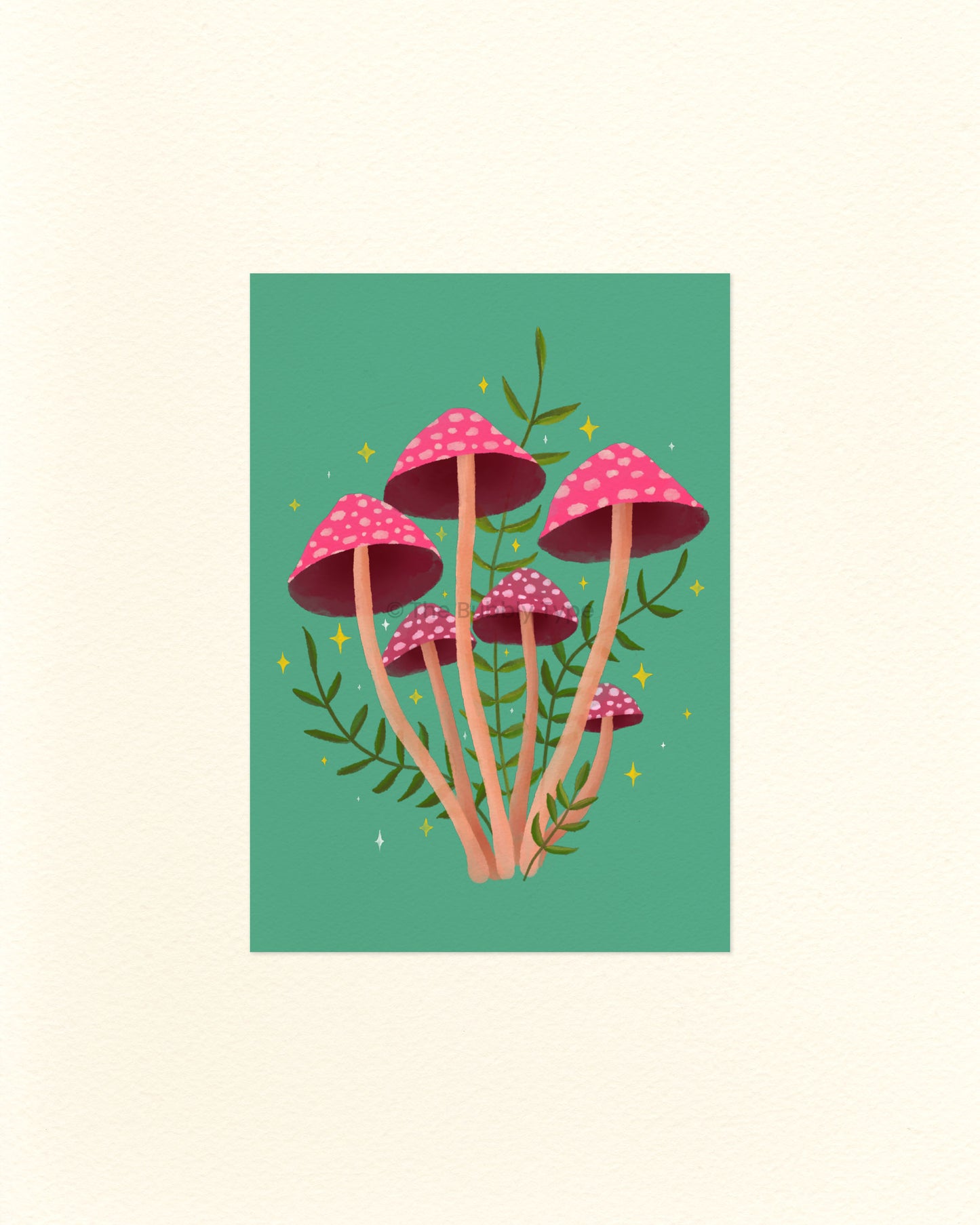 An A6 Postcard featuring an Illustration of pink mushrooms with green leaves on a teal background