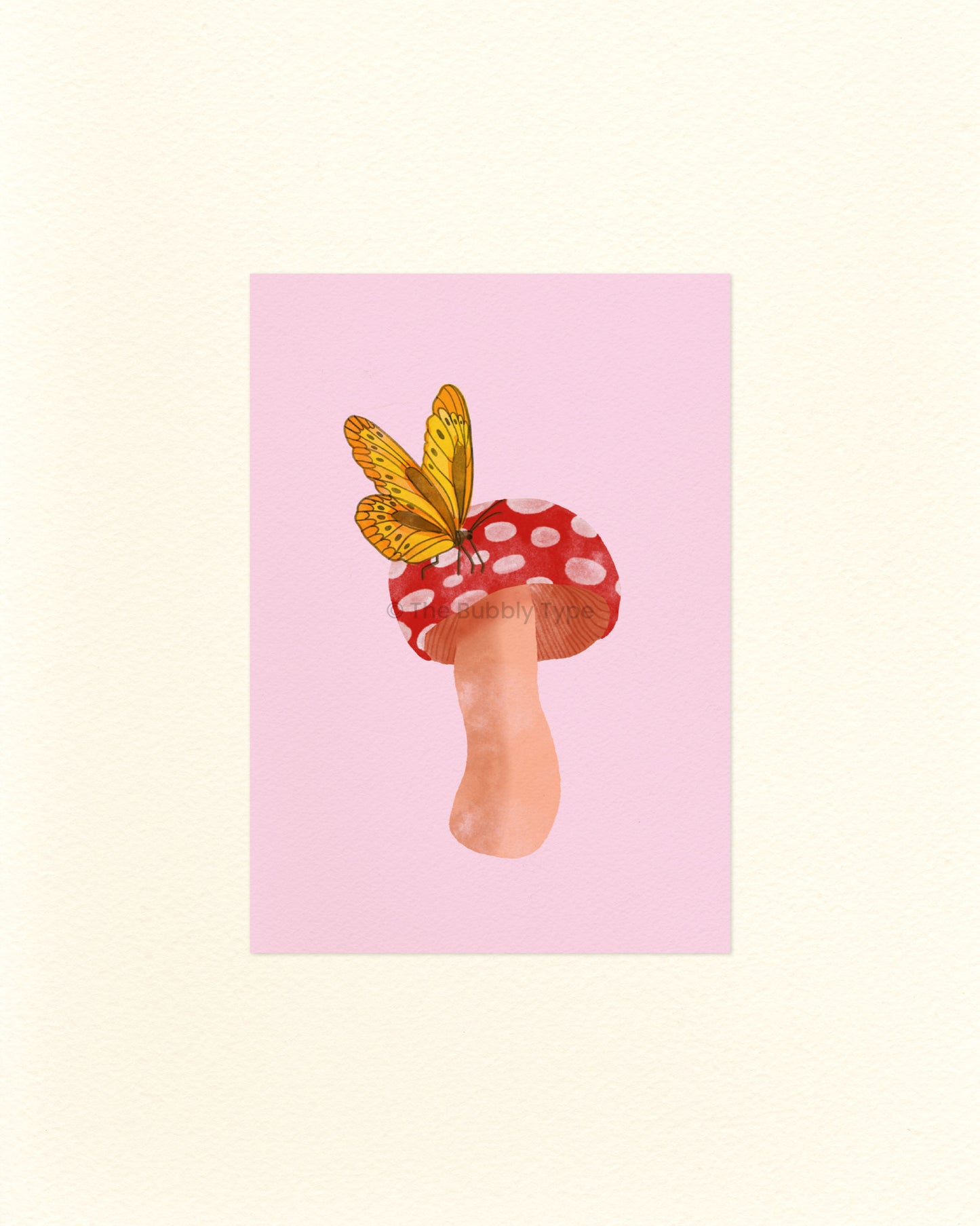 A portrait postcard with an illustration of a red cap mushroom with a yellow butterfly sitting on top, on a light pink background.