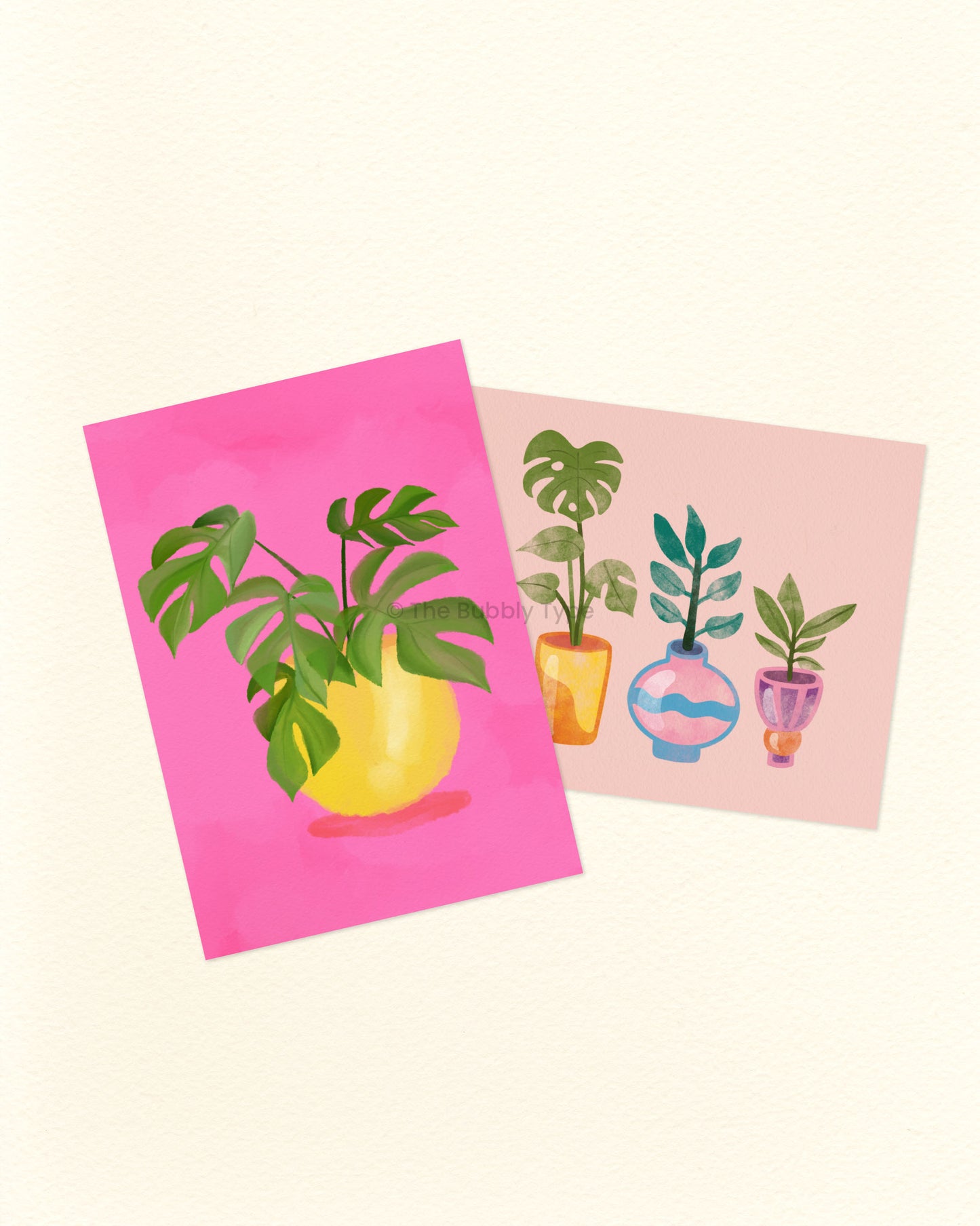 Two postcards with plant illustrations on pink backgrounds. Printed in Australian on 100% recycled paper.
