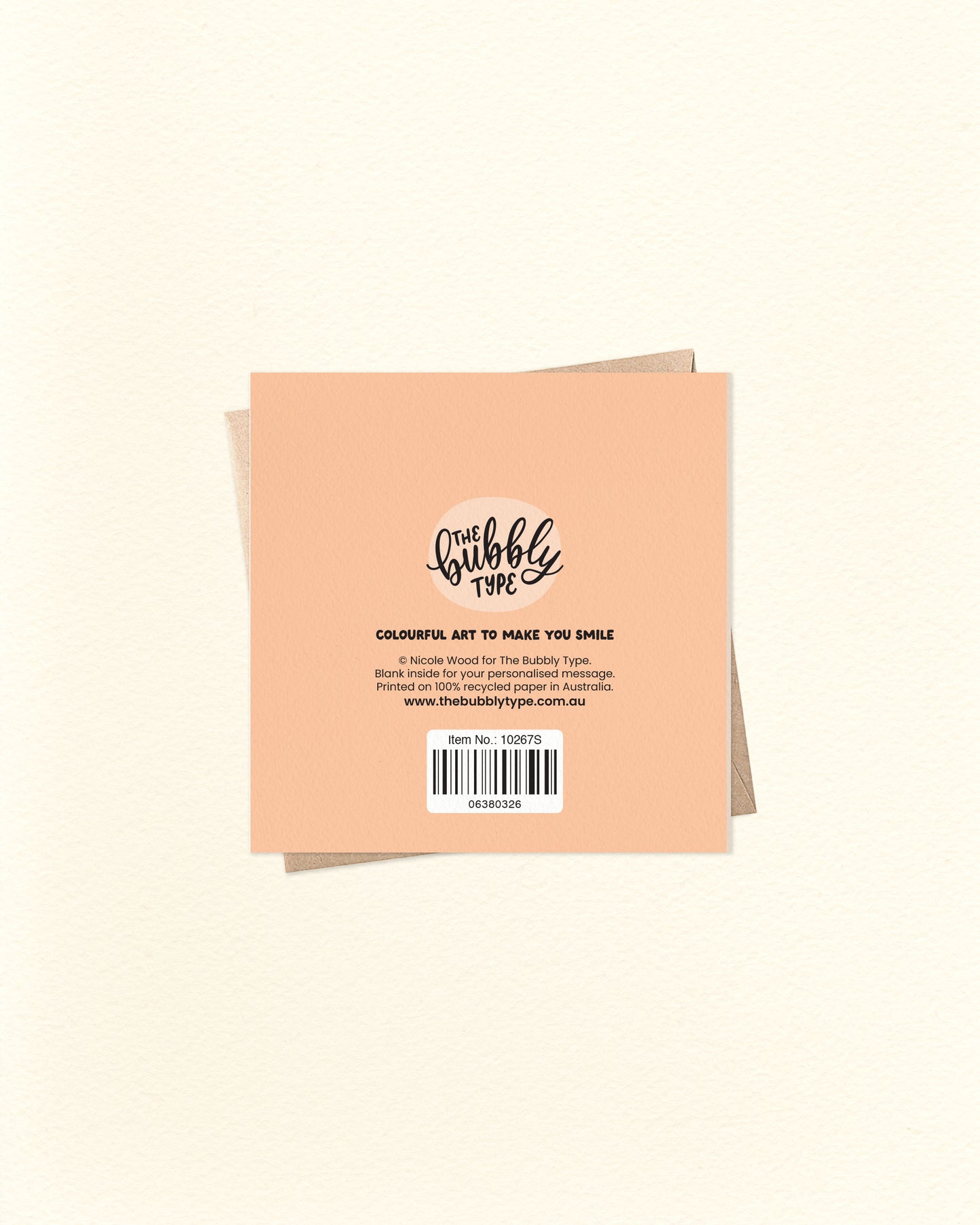 Back of a greeting card with 'The Bubble Type' branding on a beige background