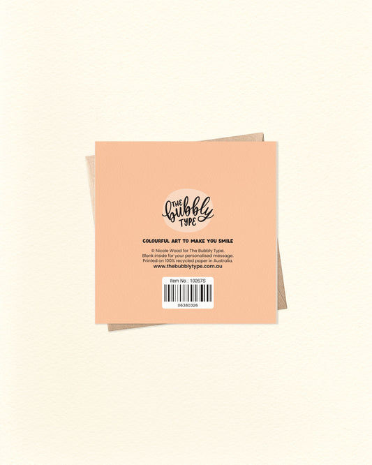 Back of a greeting card with 'The Bubble Type' branding on a beige background