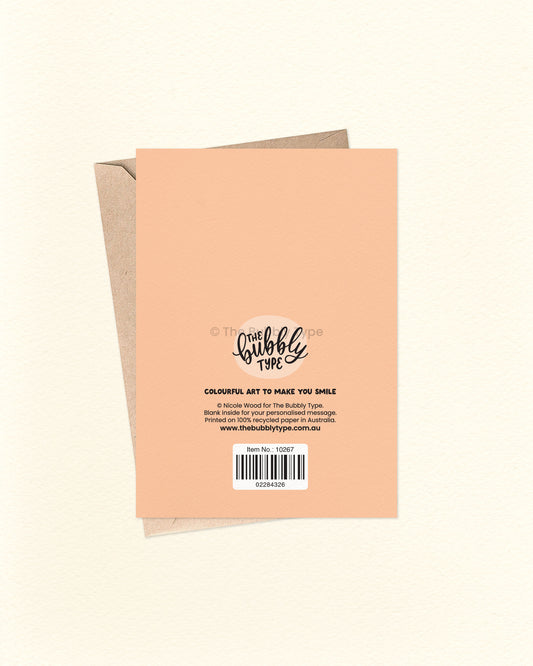 Back of a greeting card with 'The Bubble Type' branding and contact information.