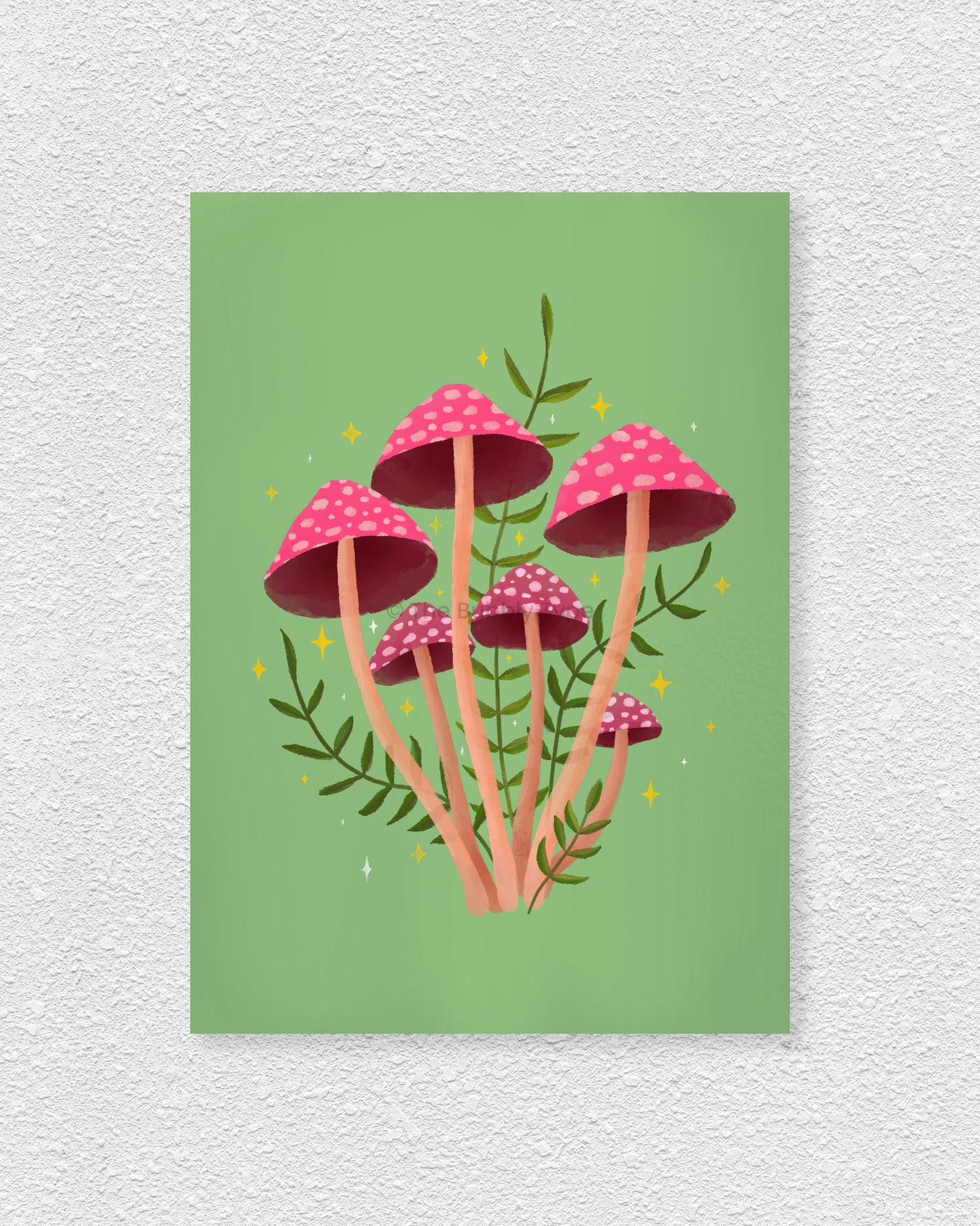 Art print of an Illustration of pink mushrooms with green leafy vines on a green background