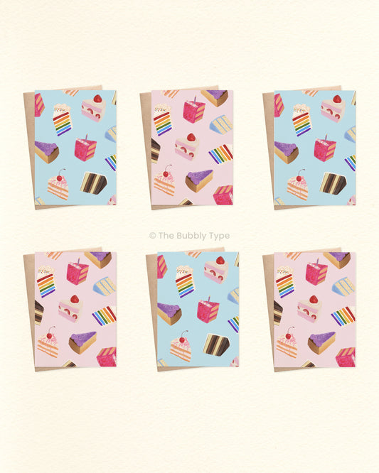 Set of six greeting cards with illustrated cake pattern on a white background