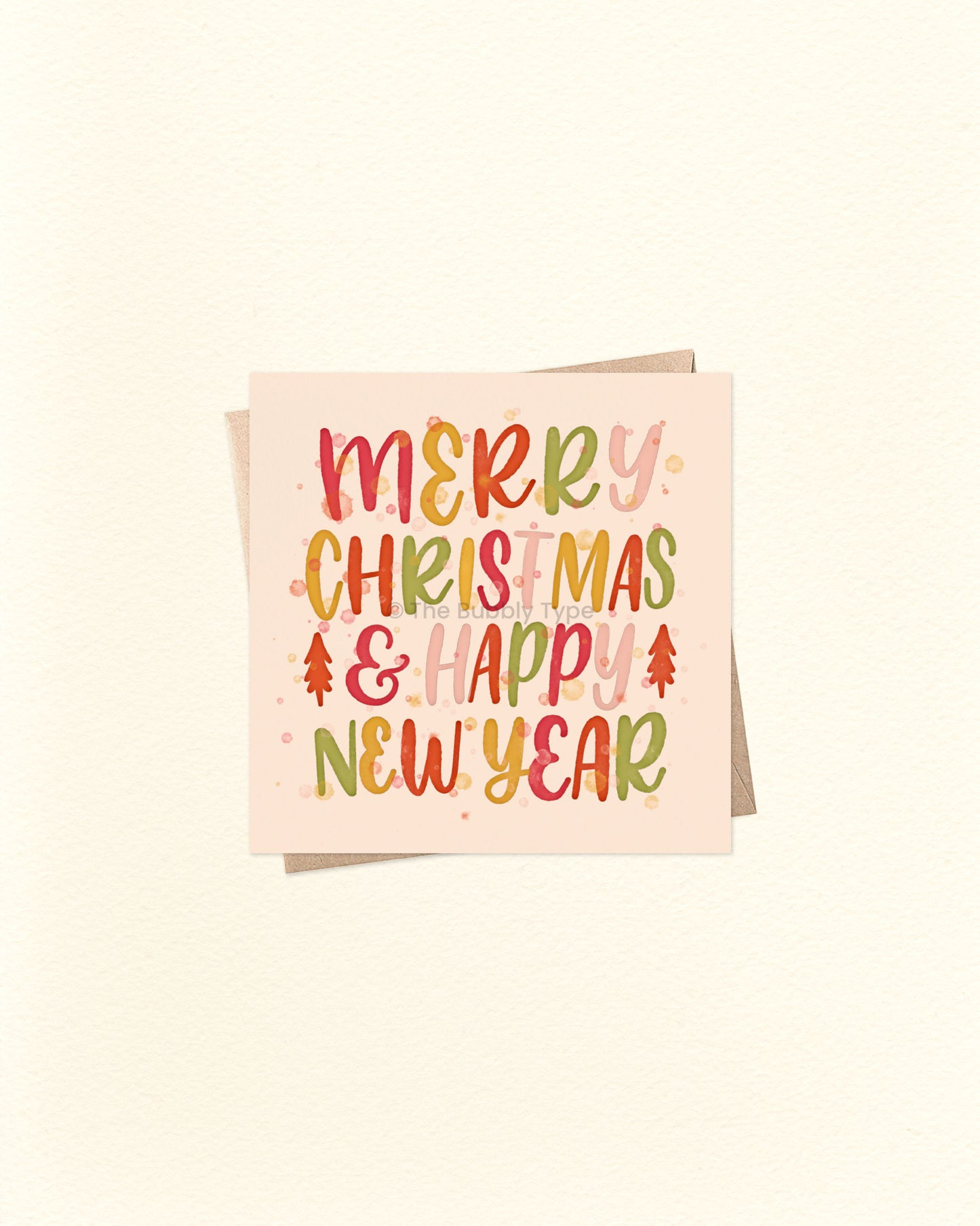 Christmas Greeting card with 'Merry Christmas & Happy New Year' text and a brown kraft envelope