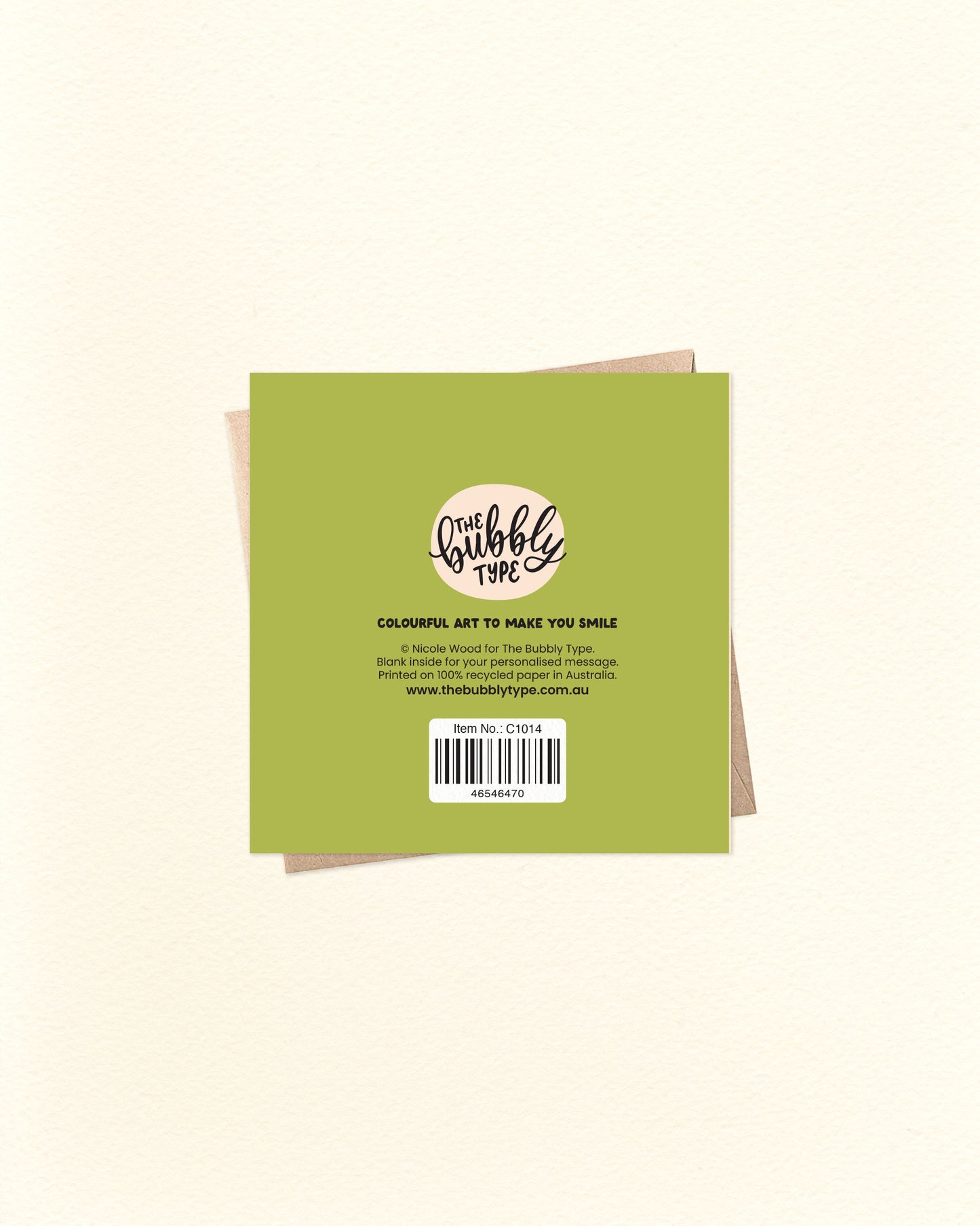 Back of a green greeting card with 'The Bubble Type' branding on a beige background