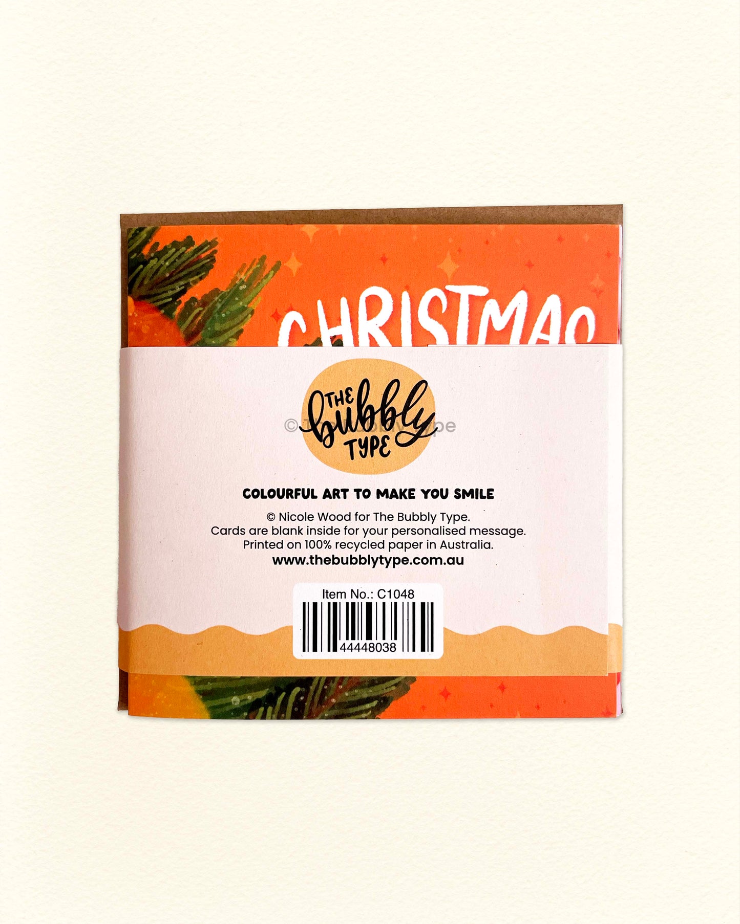 Back of Christmas card bundle with The Bubbly Type logo, product info, and sustainable stationery branding, pack of 6 square holiday cards.