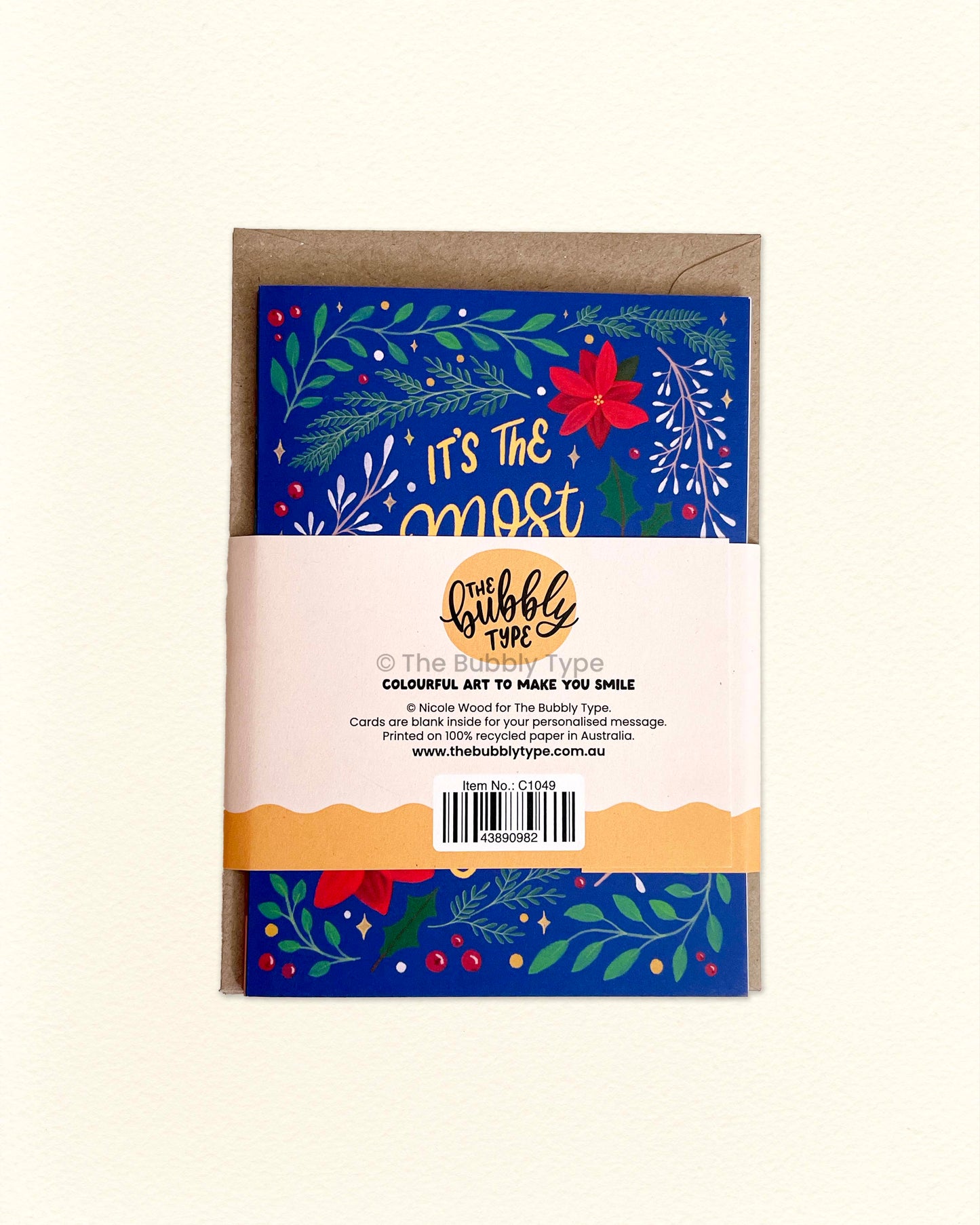 Back of A6 Christmas card set showing The Bubbly Type logo, eco-friendly packaging, and card details for this 6-pack Christmas stationery bundle.