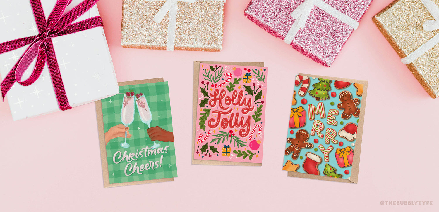 Australian made Christmas greeting cards printed on 100% recycled papers. Christmas Cheers in green (left). Holly Jolly design in pink (middle). Merry Christmas Cookies design in blue (Right).