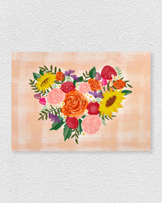 Add warmth and charm to your walls with this Australian-made art print, featuring an original watercolour illustration of flowers and mushrooms arranged in a heart shape. With vibrant warm tones of oranges, pinks, reds, and yellows, this nature-inspired artwork is perfect for those who love botanical prints, whimsical decor, and unique floral art. Printed on 350gsm uncoated, 100% recycled paper, this high-quality matte print brings a soft, artistic touch to any space. Ideal for home decor, bedroom art.