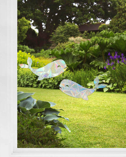 Two whale-shaped suncatchers displayed on a sunny window. Behind the glass is a lush backyard with green grass, leafy shrubbery, and trees with purple flowers in bloom. Rainbow making sun catcher stickers to decorate your window.