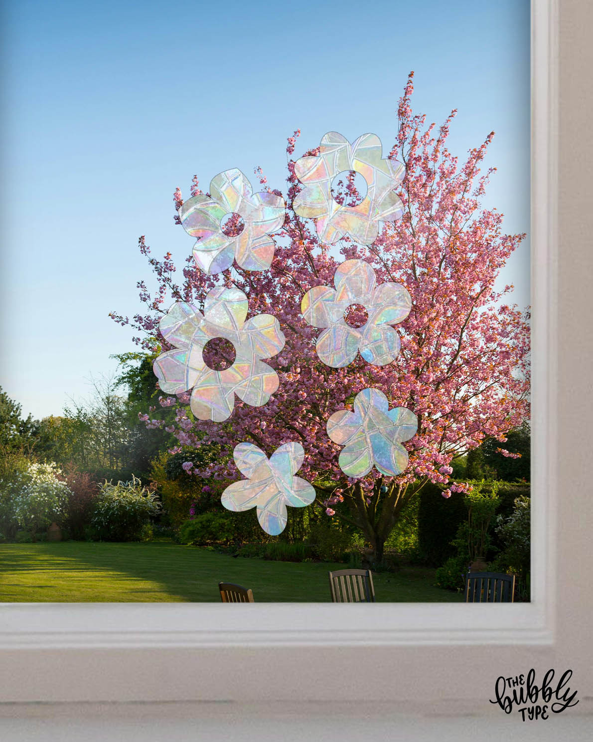 A cluster of flower shaped sun catcher window stickers stuck to a glass window. Through the window you can see a picturesque backyard with green grass wooden garden chairs and a large cherry blossom tree in full bloom showing off the pink flowers. These rainbow making sun catchers are made in Australia and are rental friendly. 