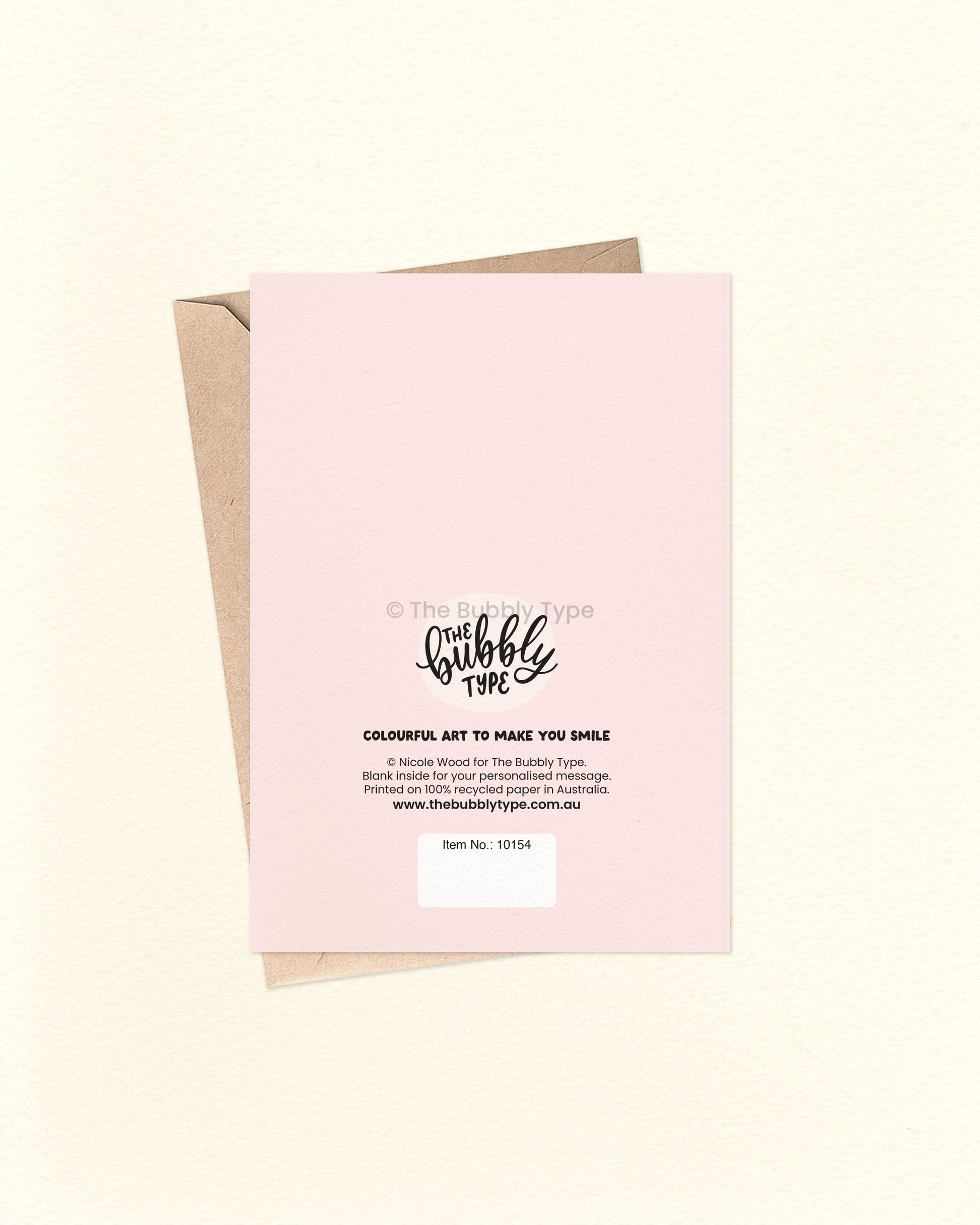 Back of the card with a pale pink background, showing The Bubbly Type logo and card details. Presented with a kraft brown envelope. Proudly Australian made and printed on sustainable cardstock.