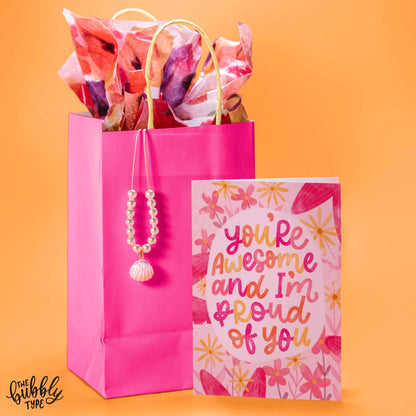 Australian made greeting cards. You're awesome and I'm proud of you, hand drawn floral design. Affordable cards to congratulate new graduates, job promotions and more.