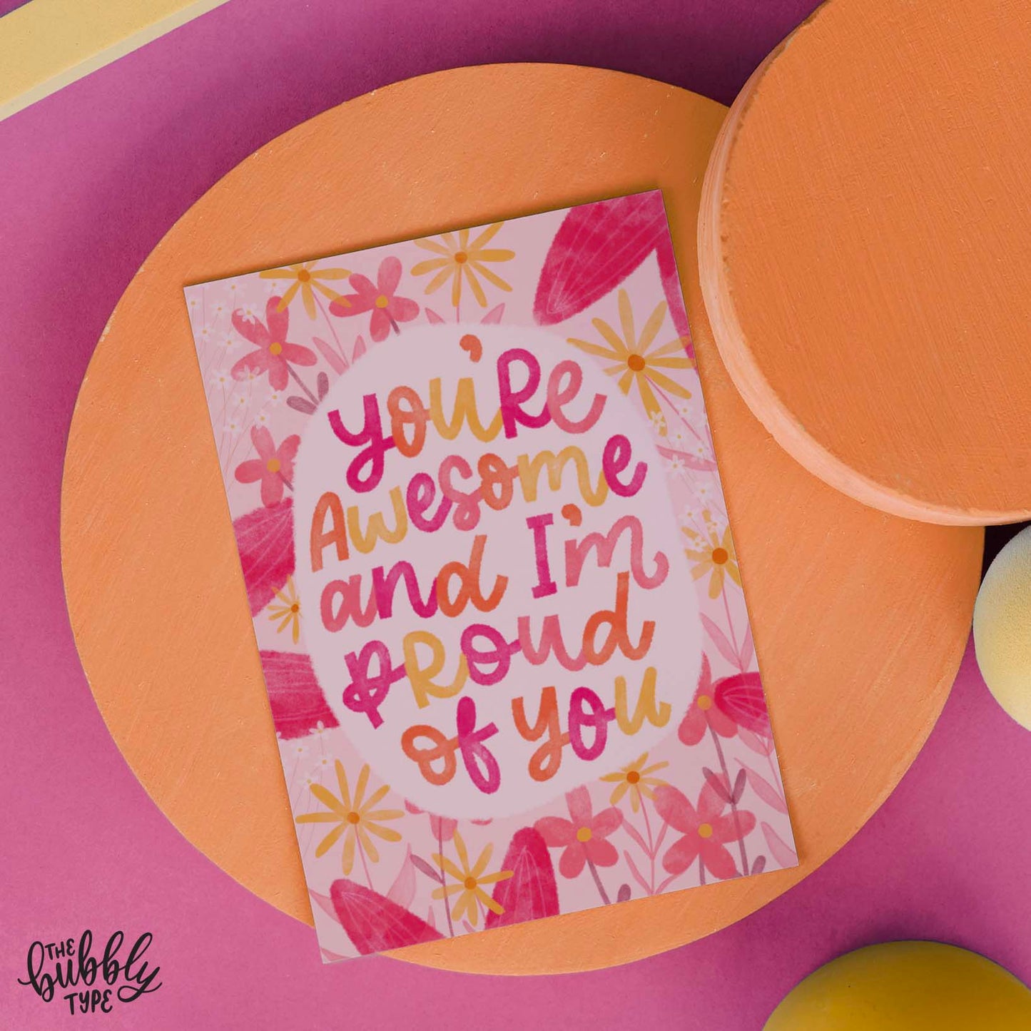 Australian made greeting cards. You're awesome and I'm proud of you, hand drawn floral design. Affordable cards to congratulate new graduates, job promotions and more.