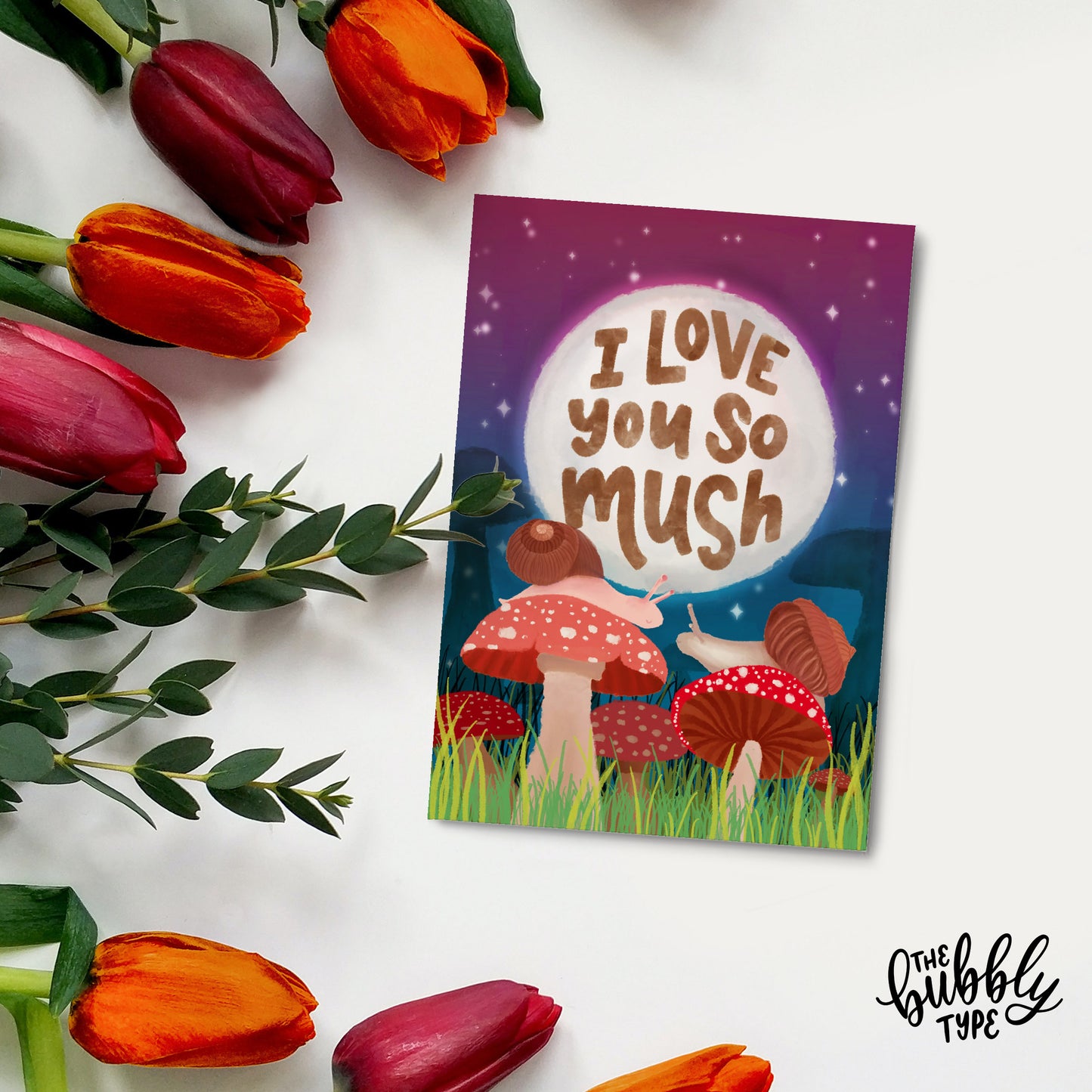 i love you so much greeting card for anniversary or valentines day. made in Australia. Mushroom and snails illustration.
