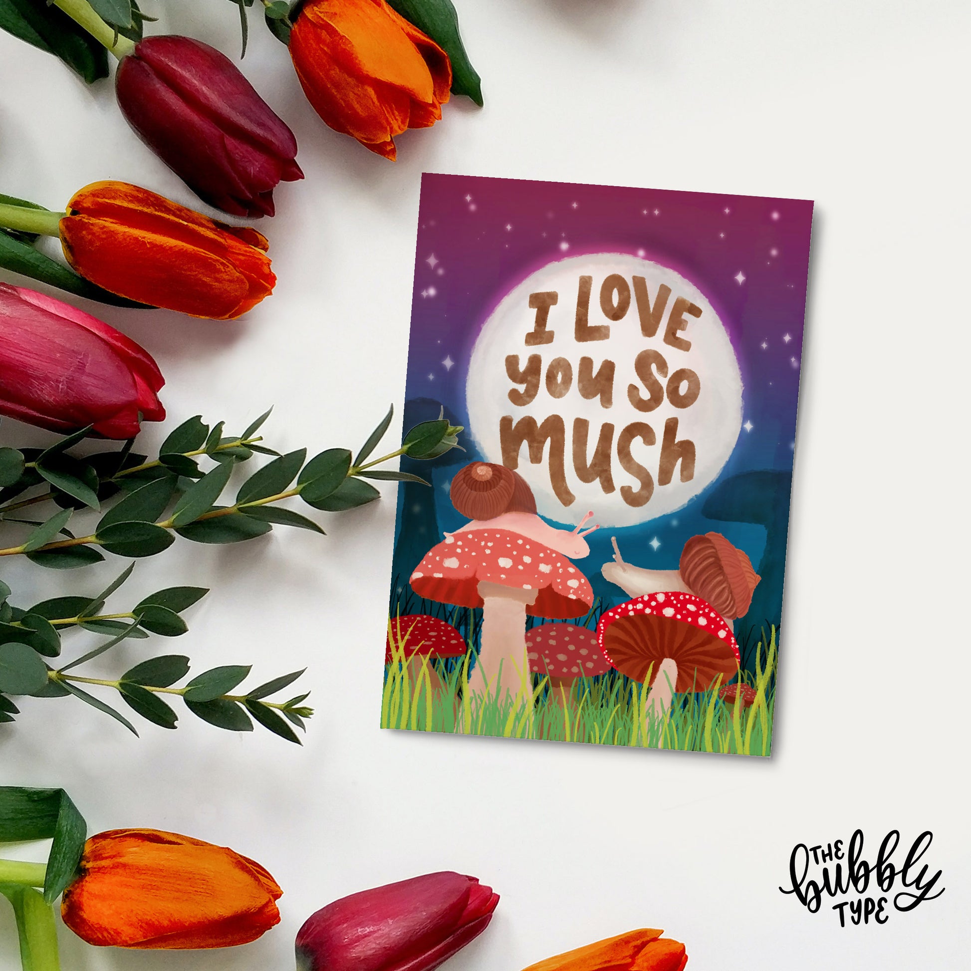 i love you so much greeting card for anniversary or valentines day. made in Australia. Mushroom and snails illustration.