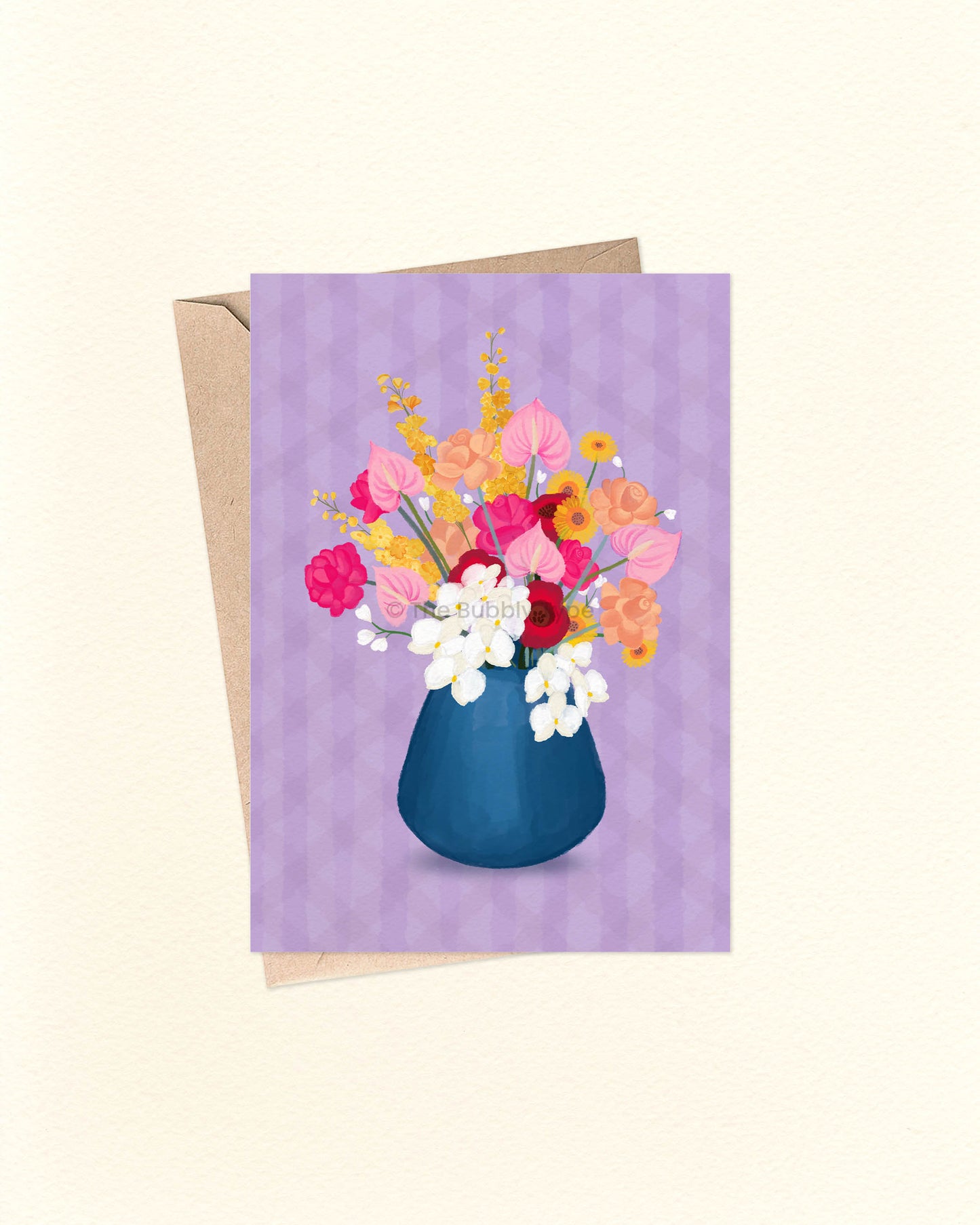 A delicate and elegant design featuring a rounded navy vase filled with colourful floral blooms, all set against a soft lavender background. A beautiful choice for any occasion—whether it's a birthday, a thank-you, or just because. This card is blank inside, giving you plenty of space to write your own heartfelt message. Featuring an original design by an Australian artist, it’s proudly 100% made and designed in Australia. Printed on thick 300gsm card stock made from 100% post-consumer recycled paper.