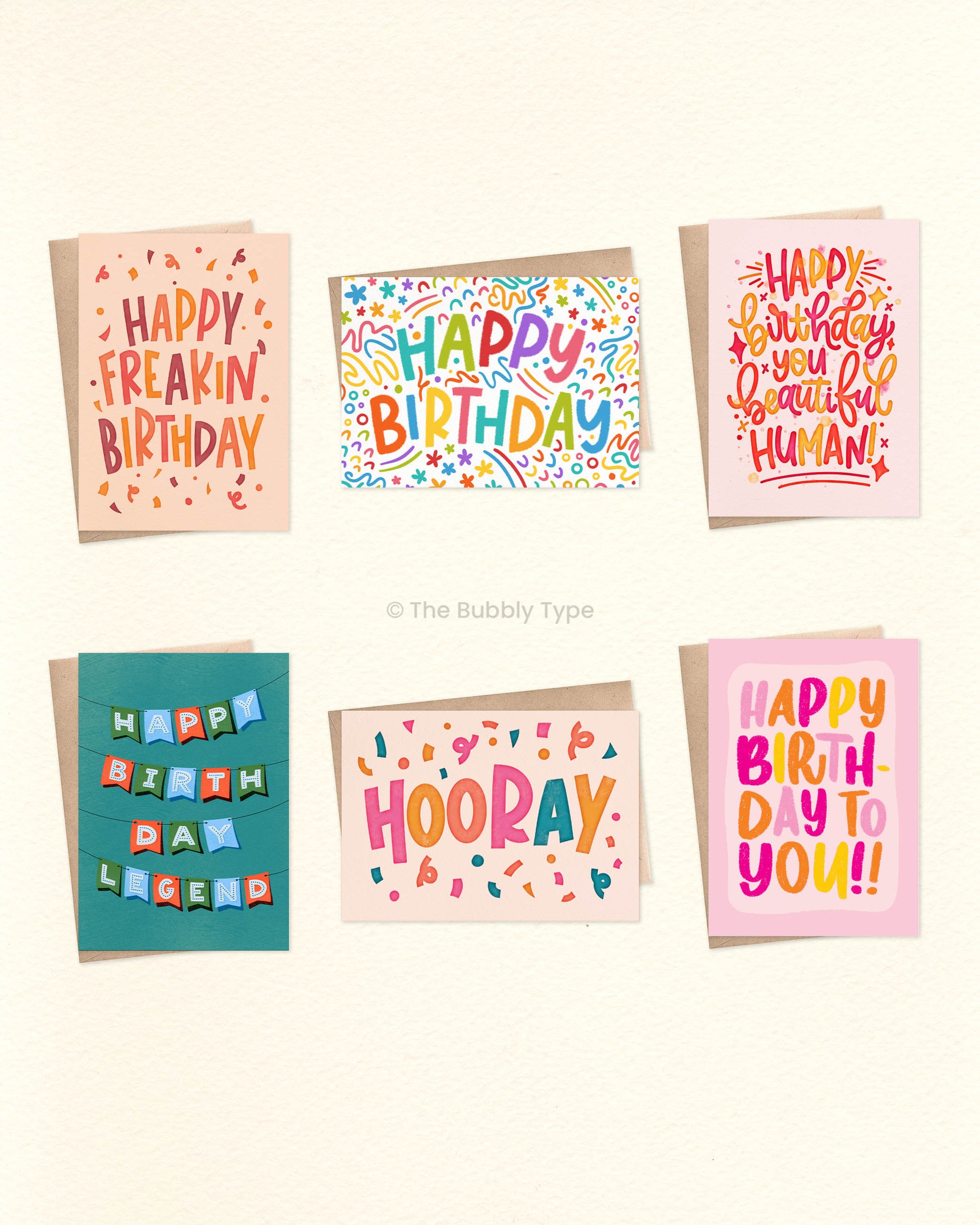 Birthday Greeting Card Pack – Set of 6 A6 Handmade Cards

Make every birthday extra special with this pack of 6 vibrant A6 greeting cards, featuring fun and unique designs by Nicole Jayne. With a mix of bold lettering, playful illustrations, and bright colours, this set has the perfect card for every personality.

This pack includes one of each design:
Happy Freakin’ Birthday – A fun, confetti-filled design to celebrate in style.
Happy Birthday – A lively design with rainbow squiggles for a burst of colour.