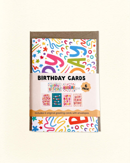 Front of The Bubbly Type birthday card pack showing colourful A6 greeting cards with fun birthday designs, Australian made eco-friendly stationery set of 6.