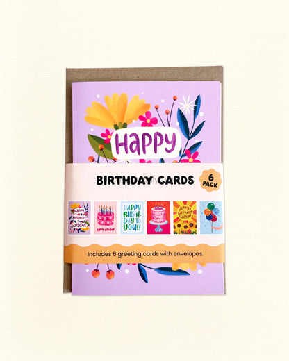 Front of The Bubbly Type Birthday Cards (B) pack featuring six different A6 birthday greeting card designs, colourful and fun Australian made card set.