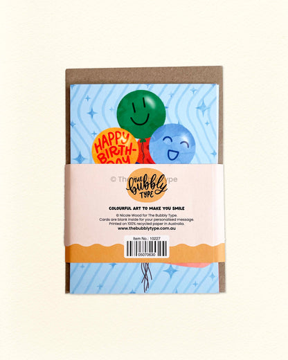 Back of Birthday Cards B pack showing The Bubbly Type logo, 6-card details, and eco-friendly packaging info for this vibrant birthday stationery set.