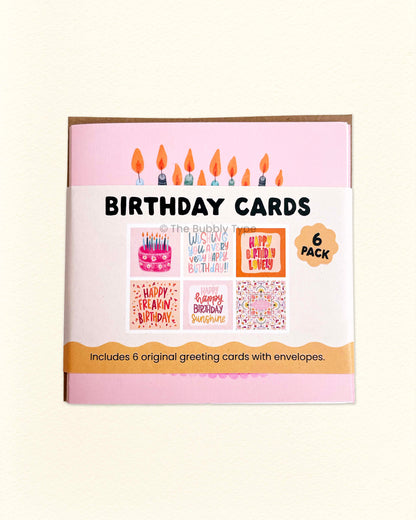 Front of The Bubbly Type birthday card pack showing colourful square greeting cards with fun birthday designs, Australian made eco-friendly stationery set of 6.
