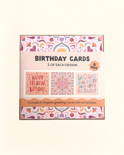 Pack of birthday cards with various designs on a white background