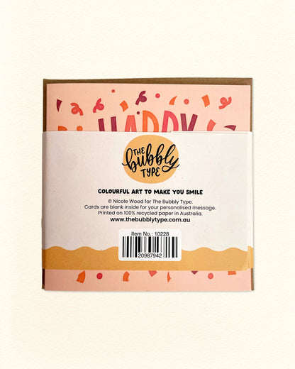 Back of birthday greeting card pack featuring product details, The Bubbly Type logo, and Australian business information, 6-pack square birthday cards.