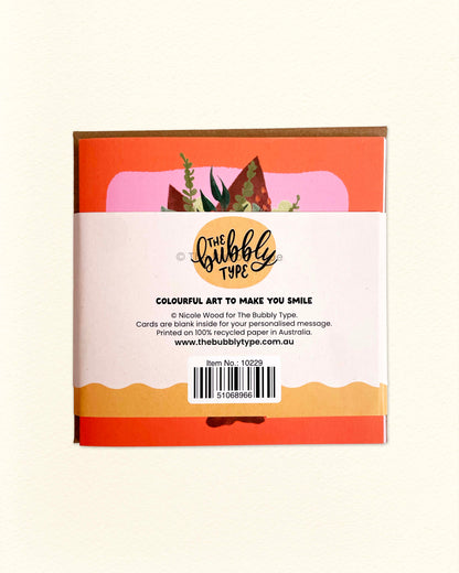 Back of floral greeting card pack featuring product details, The Bubbly Type logo, and Australian business information, 6-pack square birthday cards.