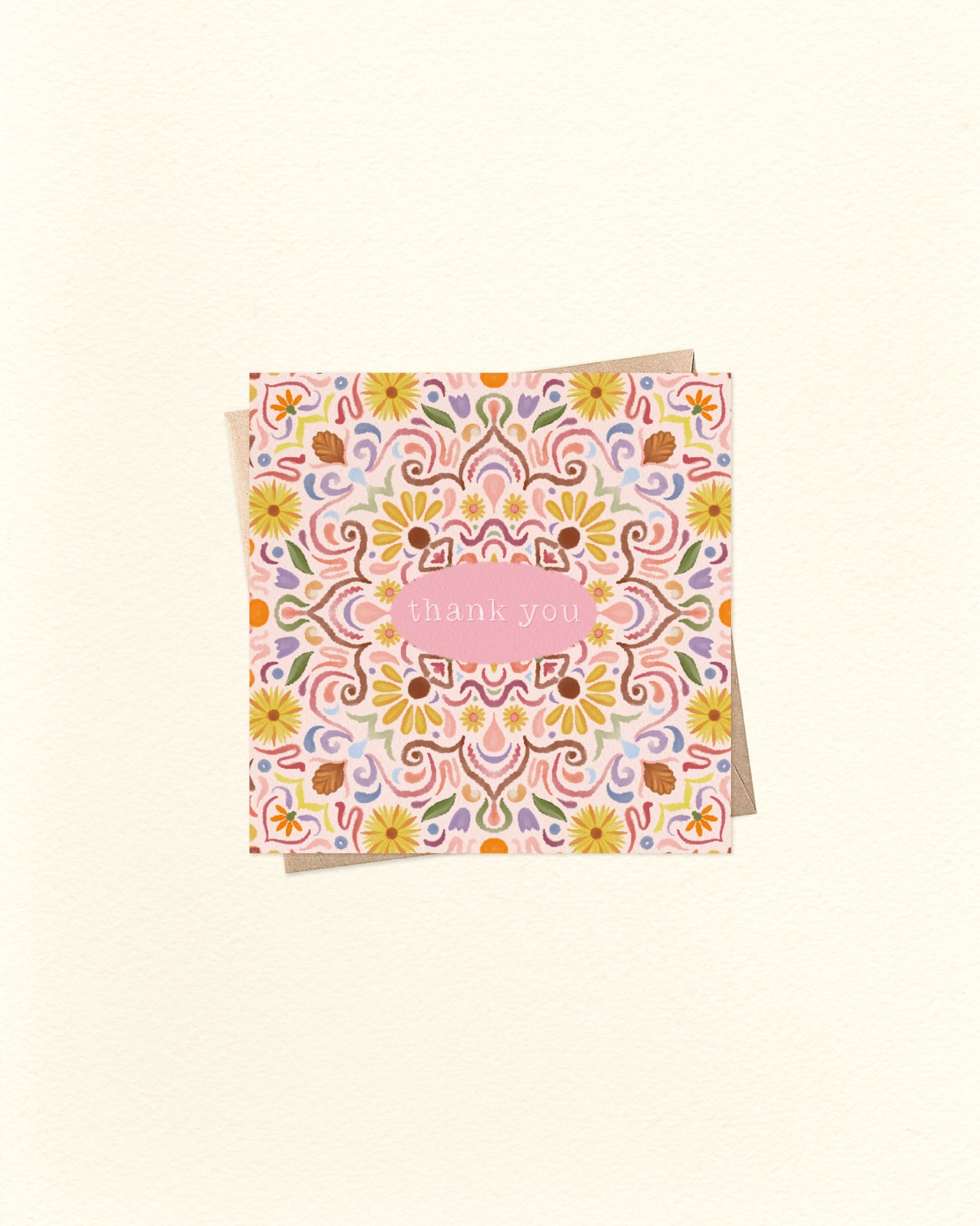 Decorative card with floral pattern and 'Thank you' text on a beige background
