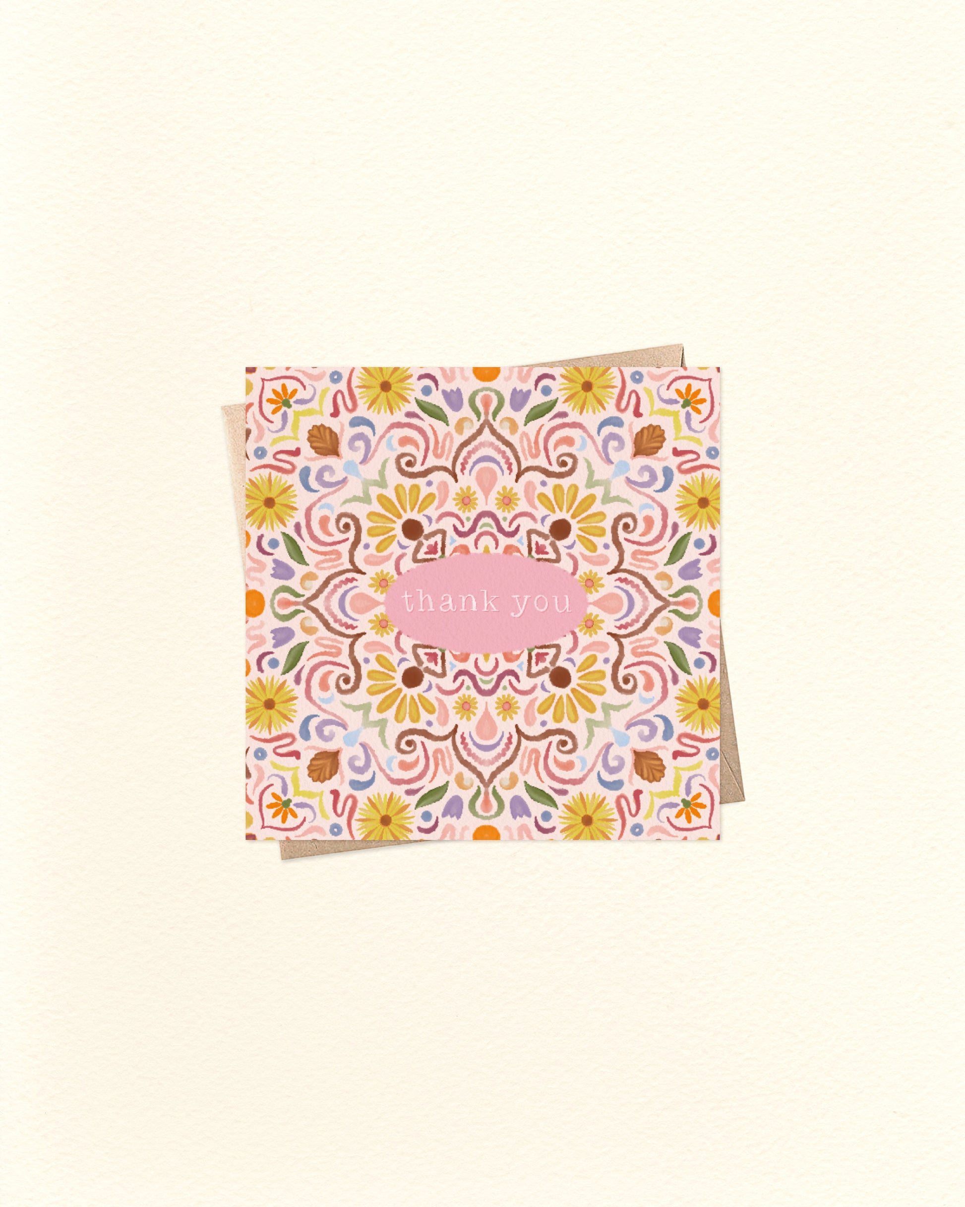 Decorative card with floral pattern and 'Thank you' text on a beige background